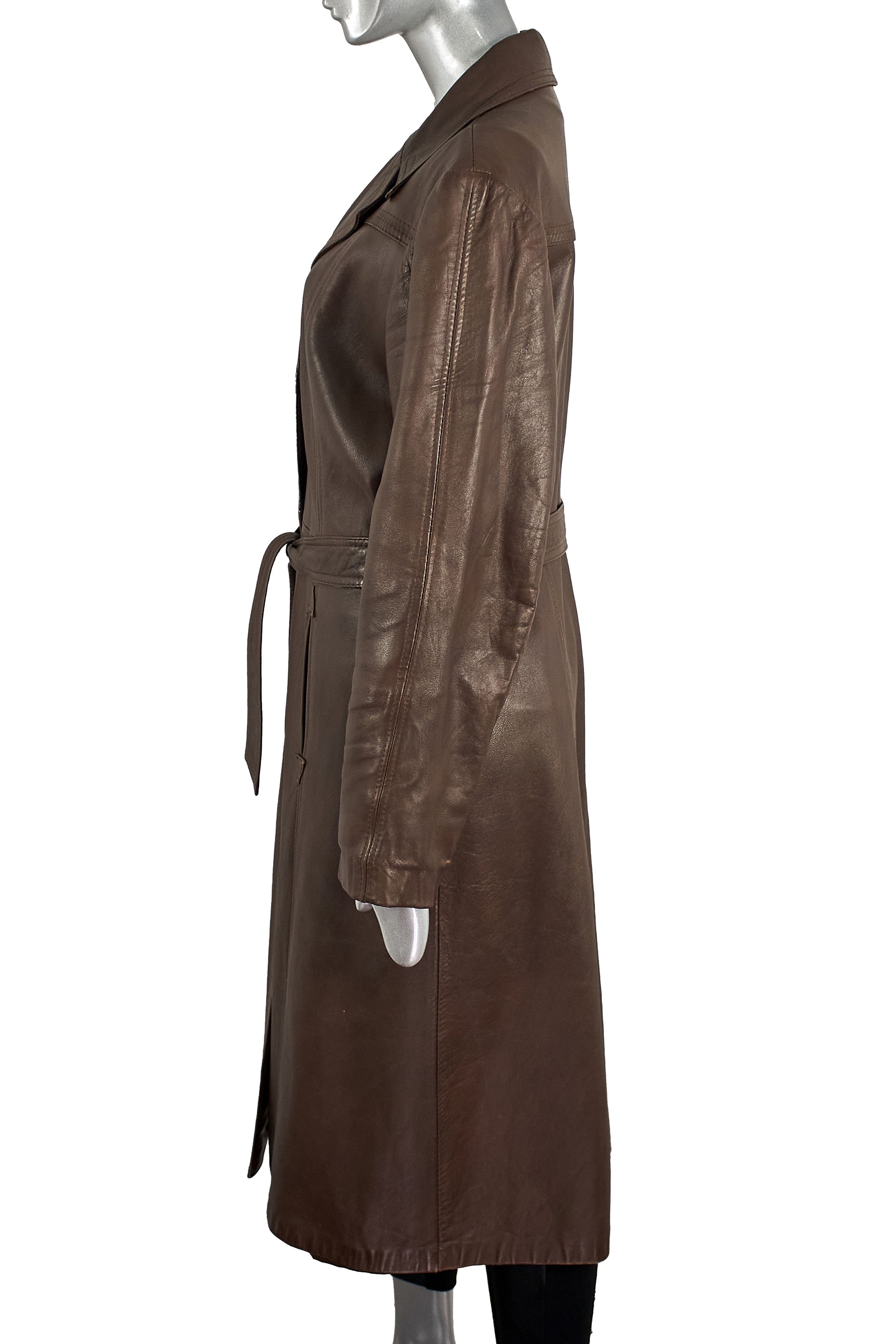 C&A Vintage 90s Brown Belted Leather Coat Trench Made in England Size M / US 6-8 / IT 42-44 - 6 Thumbnail