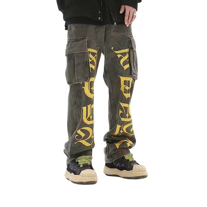 image of Letters Cargo Stacked Denim Jeans in Army Green, Men's (Size 32)