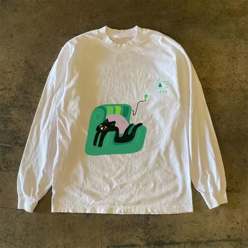Vintage White washed retro fun cat print long-sleeved t-shirt Size US M / EU 48-50 / 2 - 1 Thumbnail