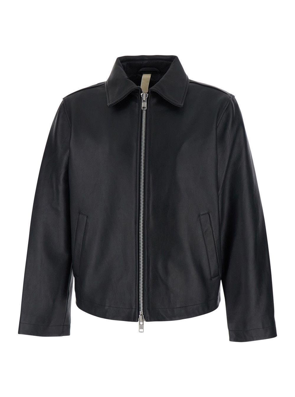 Black Crop Jacket with Classic Collar and Dropped Shoulders in Leather Man