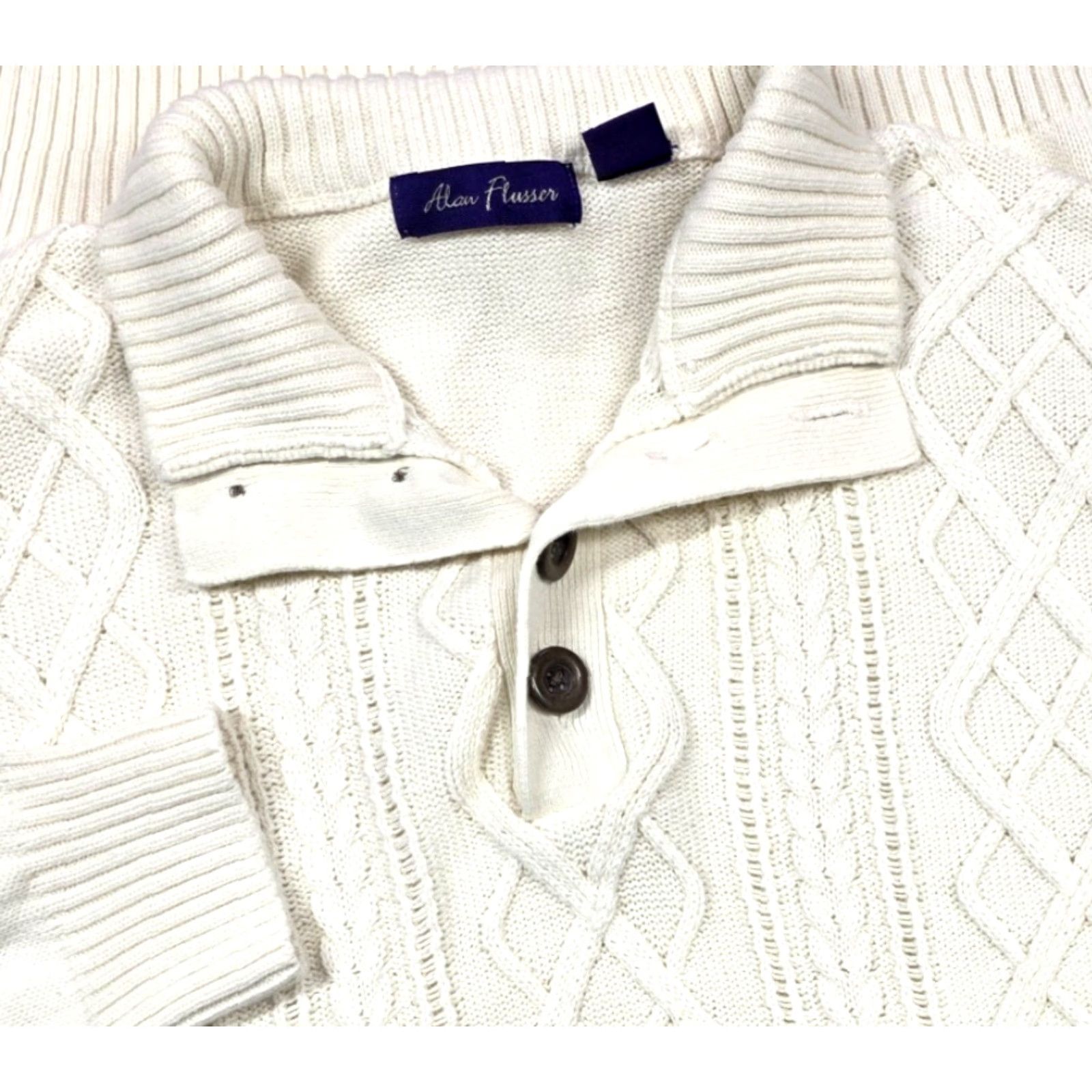 Vintage Alan Flusser Sweater Mens L Cable Knit Ivory Fair Isle Henley Collar Fisherman Size US L / EU 52-54 / 3 - 3 Thumbnail