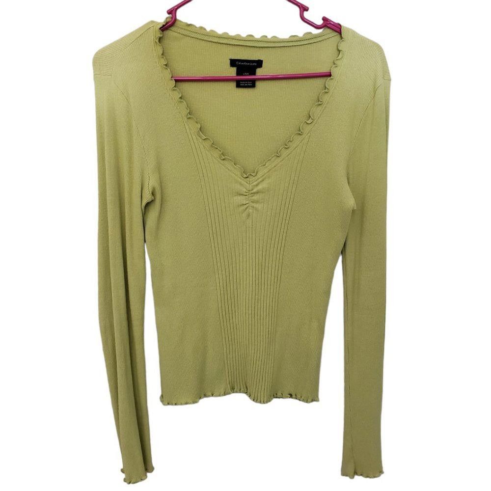 Designer CT1236 Ladies Calvin Klein Green V-neck long sleeve T-shirt Size L / US 10 / IT 46 - 1 Thumbnail