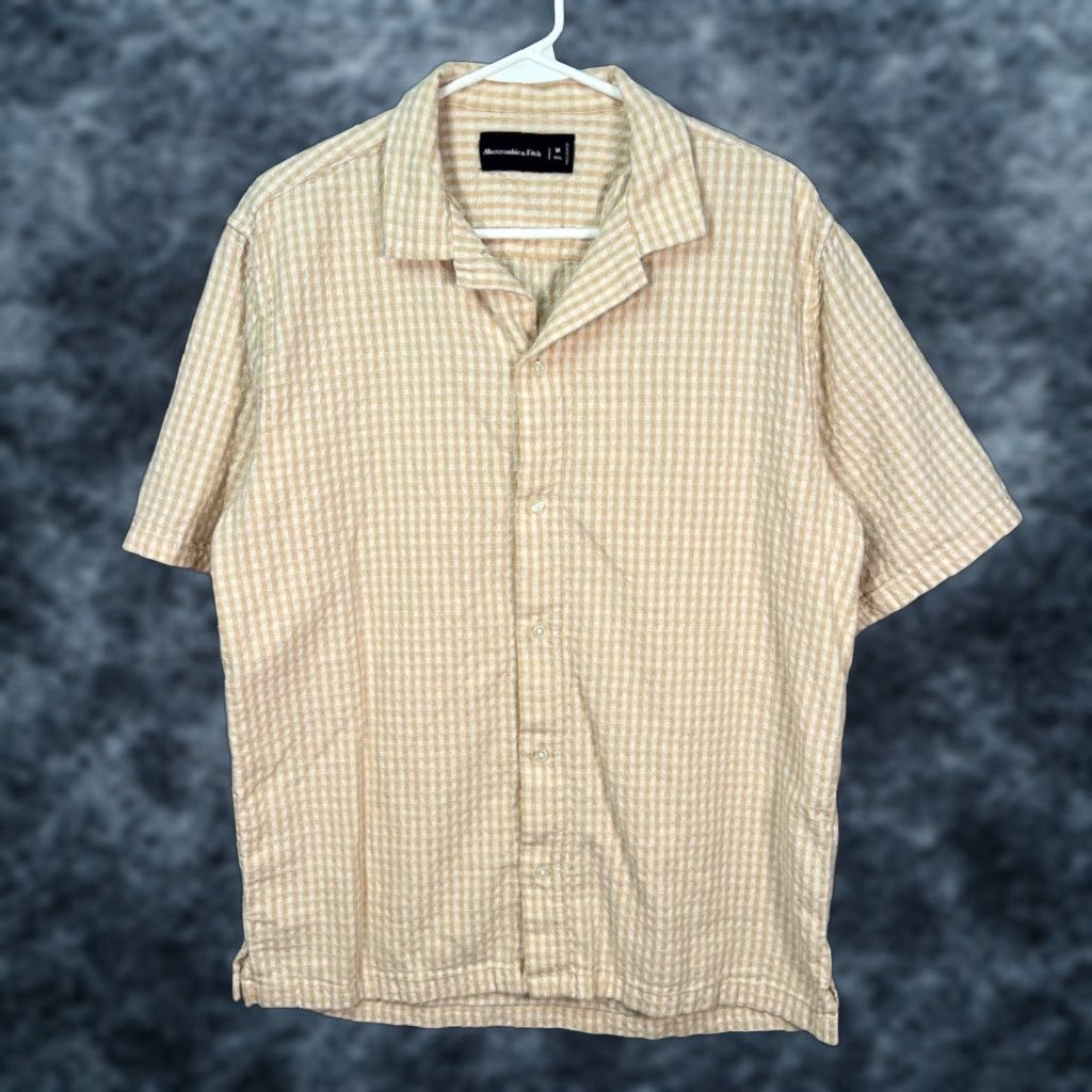 Abercrombie & Fitch Abercrombie & Fitch Mens Medium Tall Beige & White Gingham Short Sleeve Shirt Size US M / EU 48-50 / 2 - 1 Thumbnail