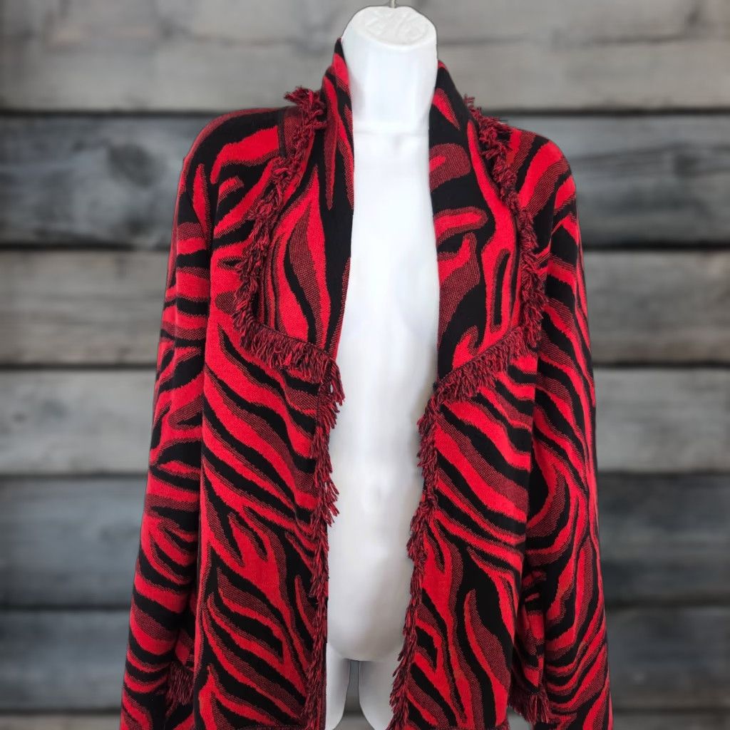 Vintage Chico's Womens Cardigan XL Red Black Animal Print Fringe Cotton Long Sleeve Sweater Size XL / US 12-14 / IT 48-50 - 1 Thumbnail