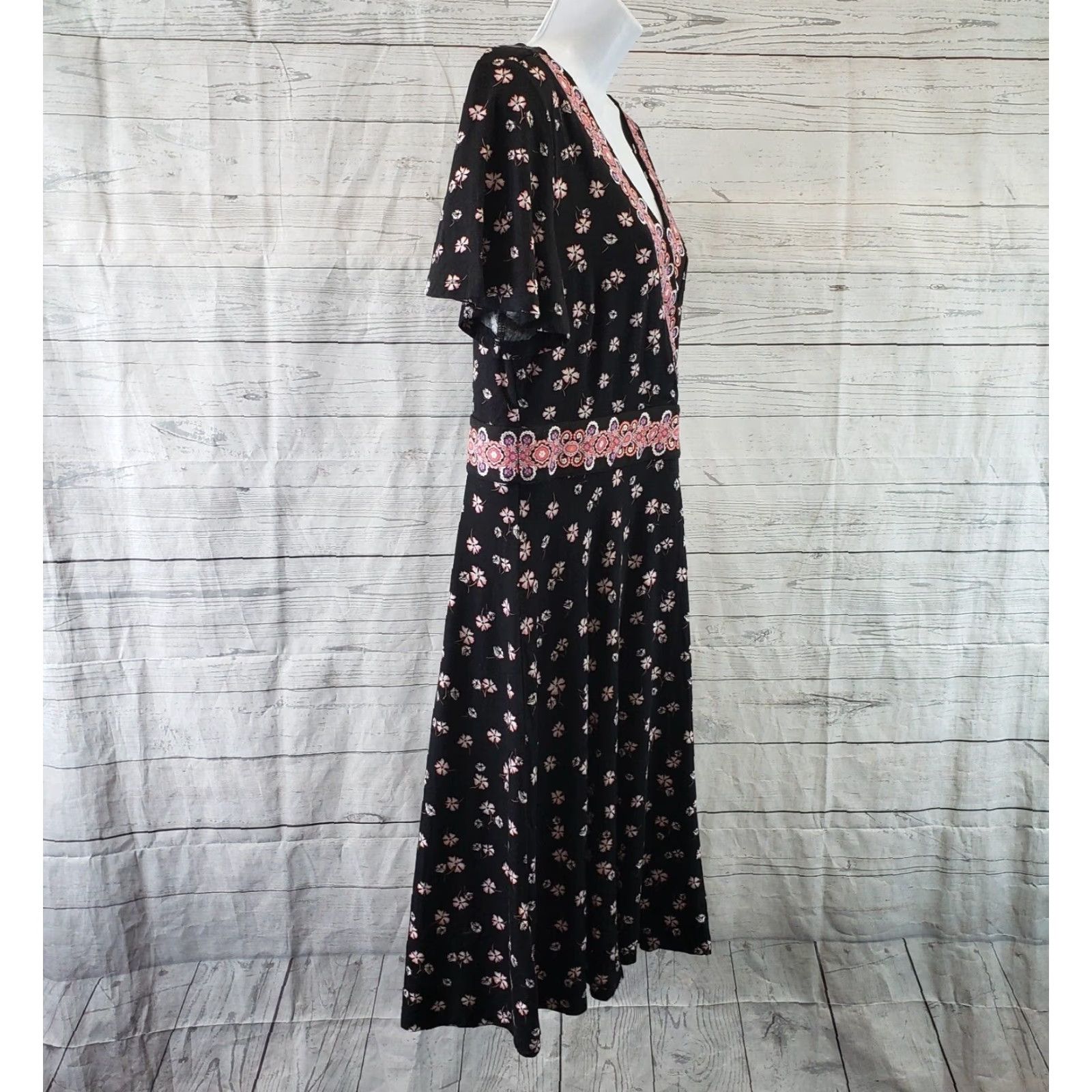 Loft Ann Taylor LOFT Womens Dress Sz 10 Black Pink Floral Short Sleeve V-Neck Size 32" / US 10 / IT 46 - 3 Thumbnail
