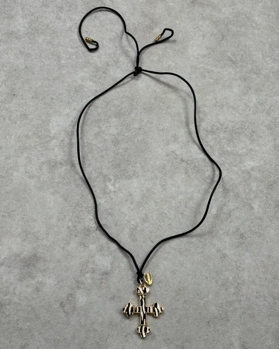 Roberto Cavalli Cavalli Gold Metal Cross Pendant with Striped Detail Necklace Size ONE SIZE - 1 Thumbnail