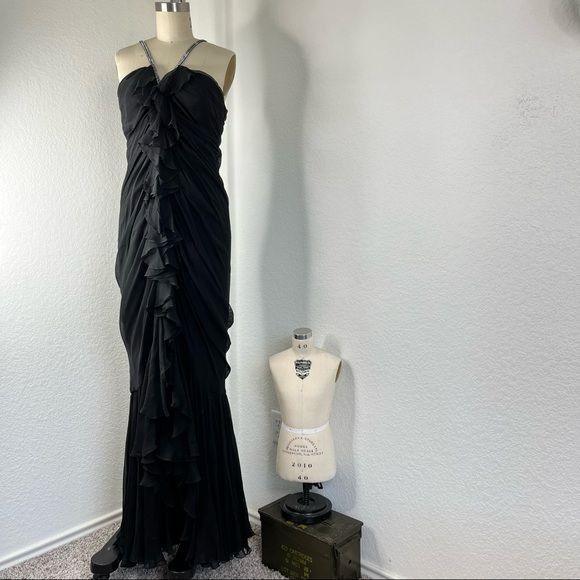 Vintage VTG William Travilla Ruffle Tiered Black Silk Chiffon Gown Size XL / US 12-14 / IT 48-50 - 1 Thumbnail