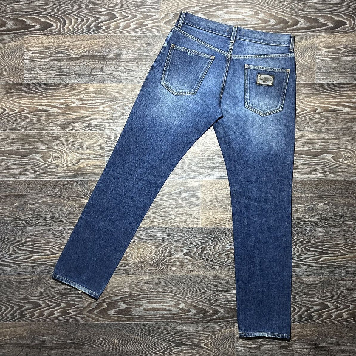 DOLCE&GABBANA Metal Logo Washed Blue Distressed Denim Jeans