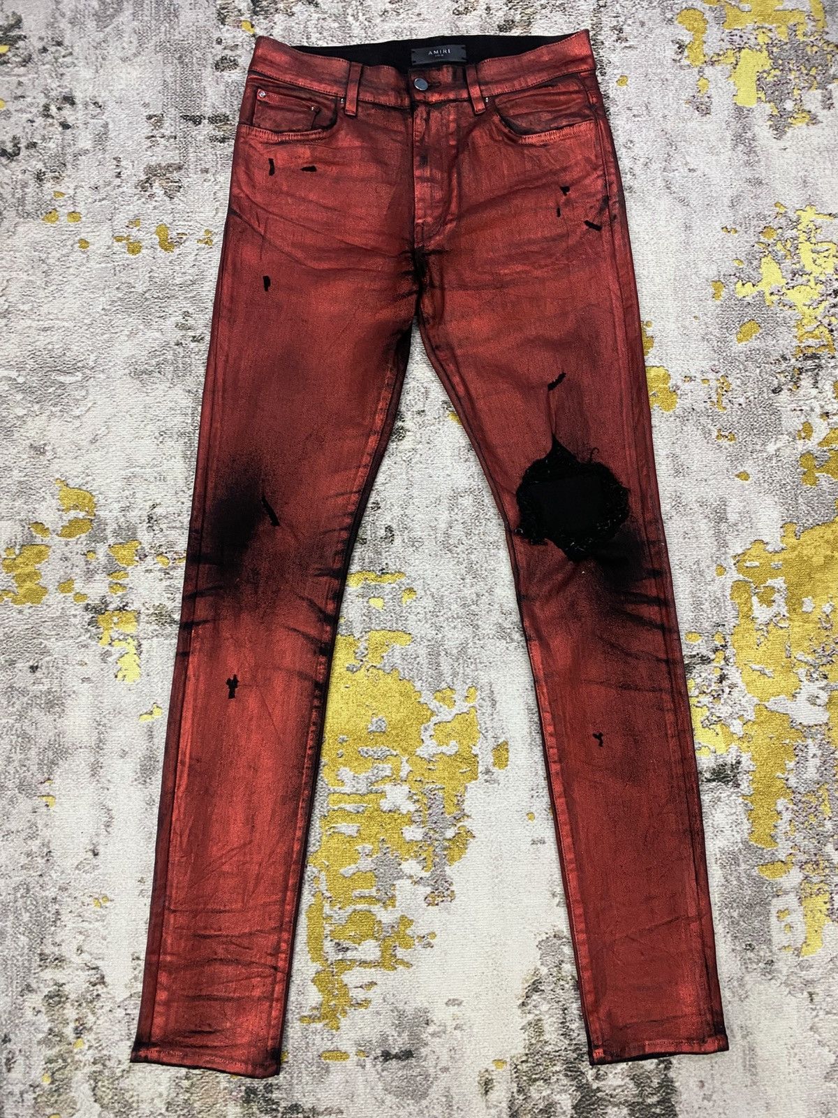 Amiri Amiri Knee Hole Red Waxed Denim Jeans Size US 31 - 2 Thumbnail