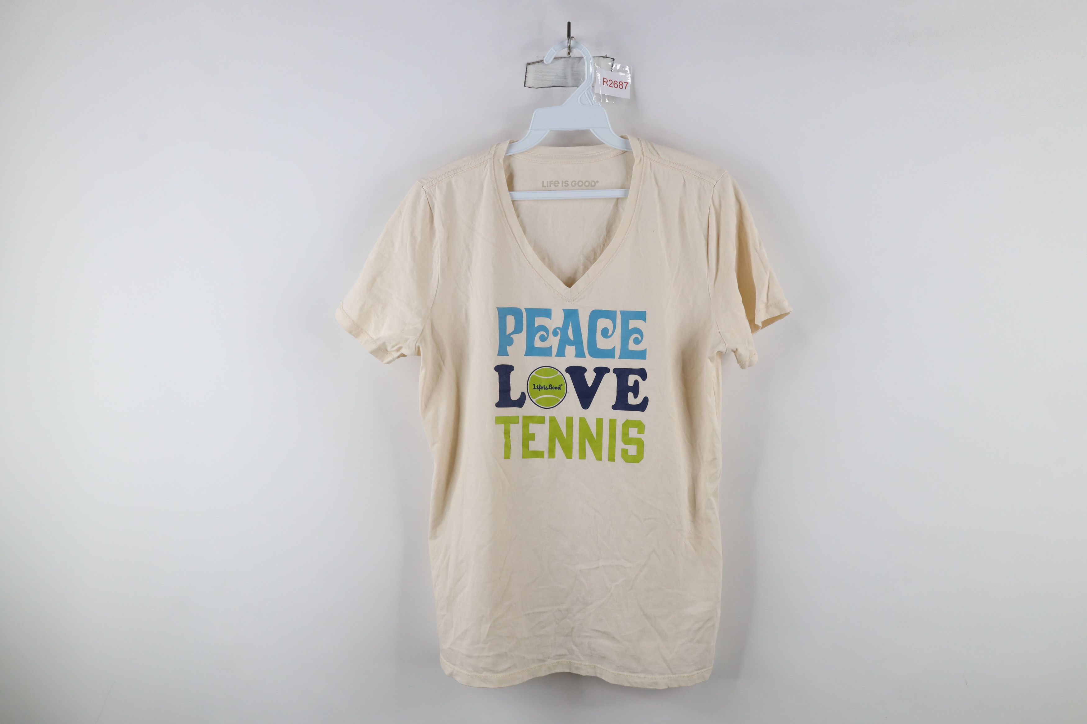 Life is Good × Vintage Life Is Good Peace Love Tennis V-Neck T-Shirt Beige Size M / US 6-8 / IT 42-44 - 1 Thumbnail