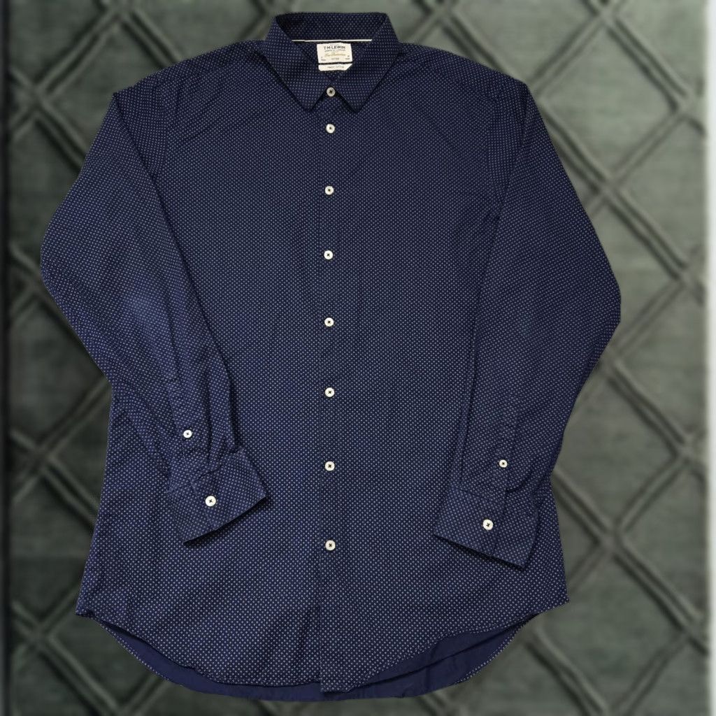 Vintage TM Lewin Shirt Mens 17 36 Navy Blue Fitted Dress Long Sleeve Patterned Button Up Formal Size 46R - 1 Thumbnail