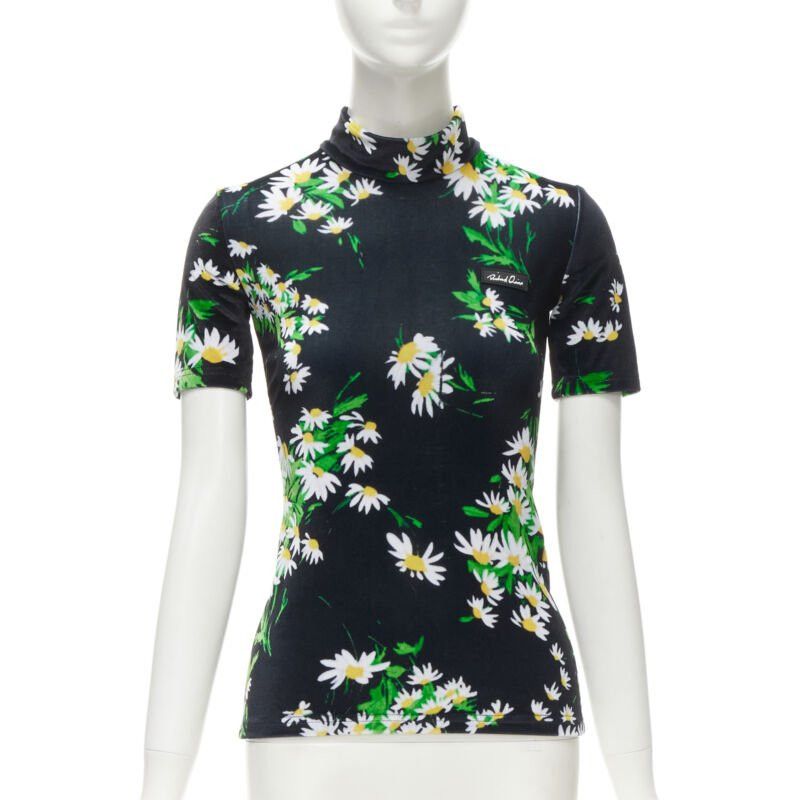 Richard Quinn RICHARD QUINN black white green daisy floral print velvet short sleeve top S Size S / US 4 / IT 40 - 1 Thumbnail