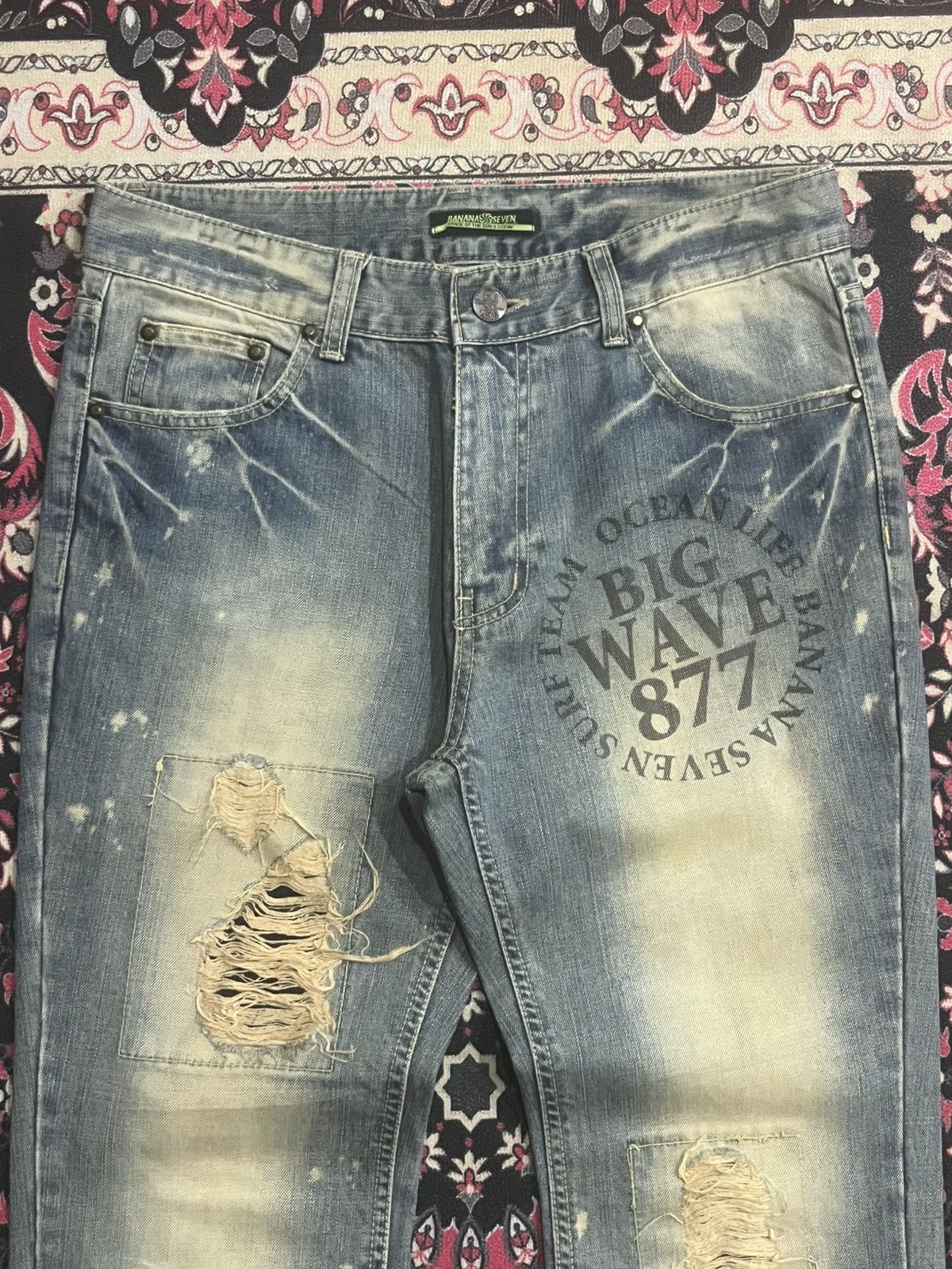 Japanese Brand Banana Seven Big Wave 877 Mud Washed Distressed Flare Jeans Size US 32 / EU 48 - 4 Thumbnail