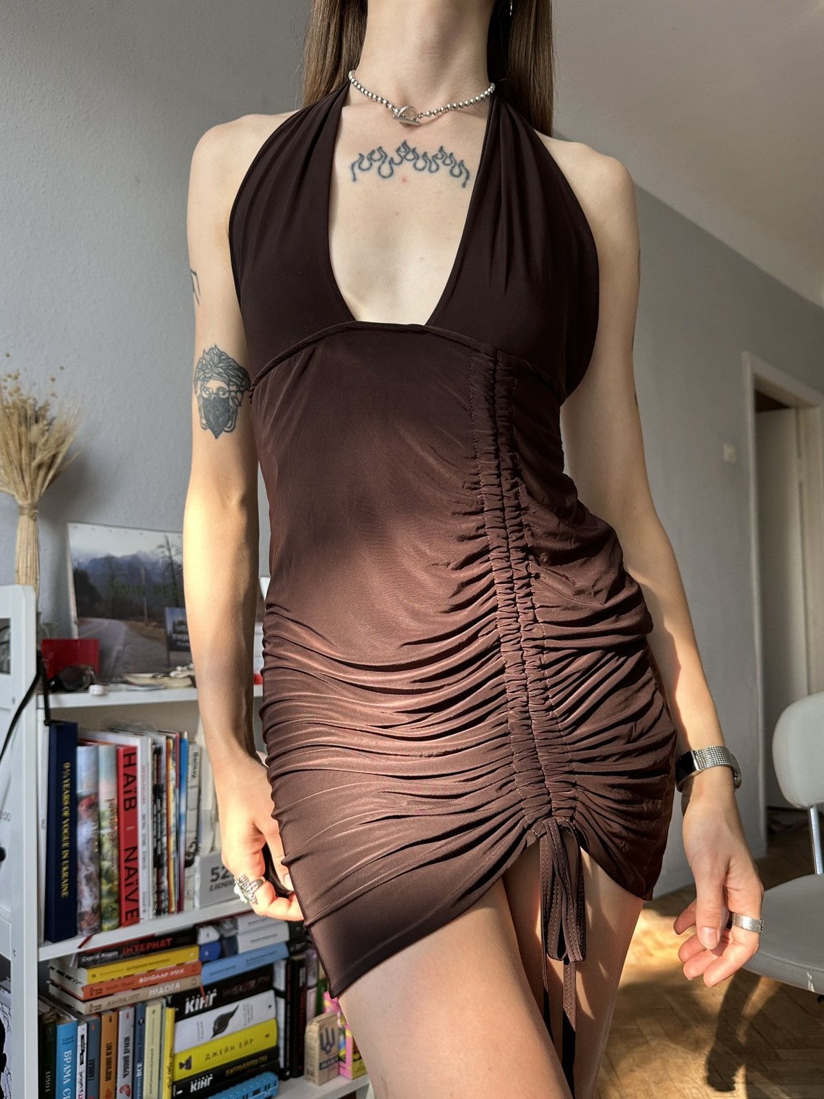 Seditionaries × Vintage Sexy Shiny Halter Ruched Draped Mini Micro Dress Gossigirl Size L / US 10 / IT 46 - 3 Thumbnail