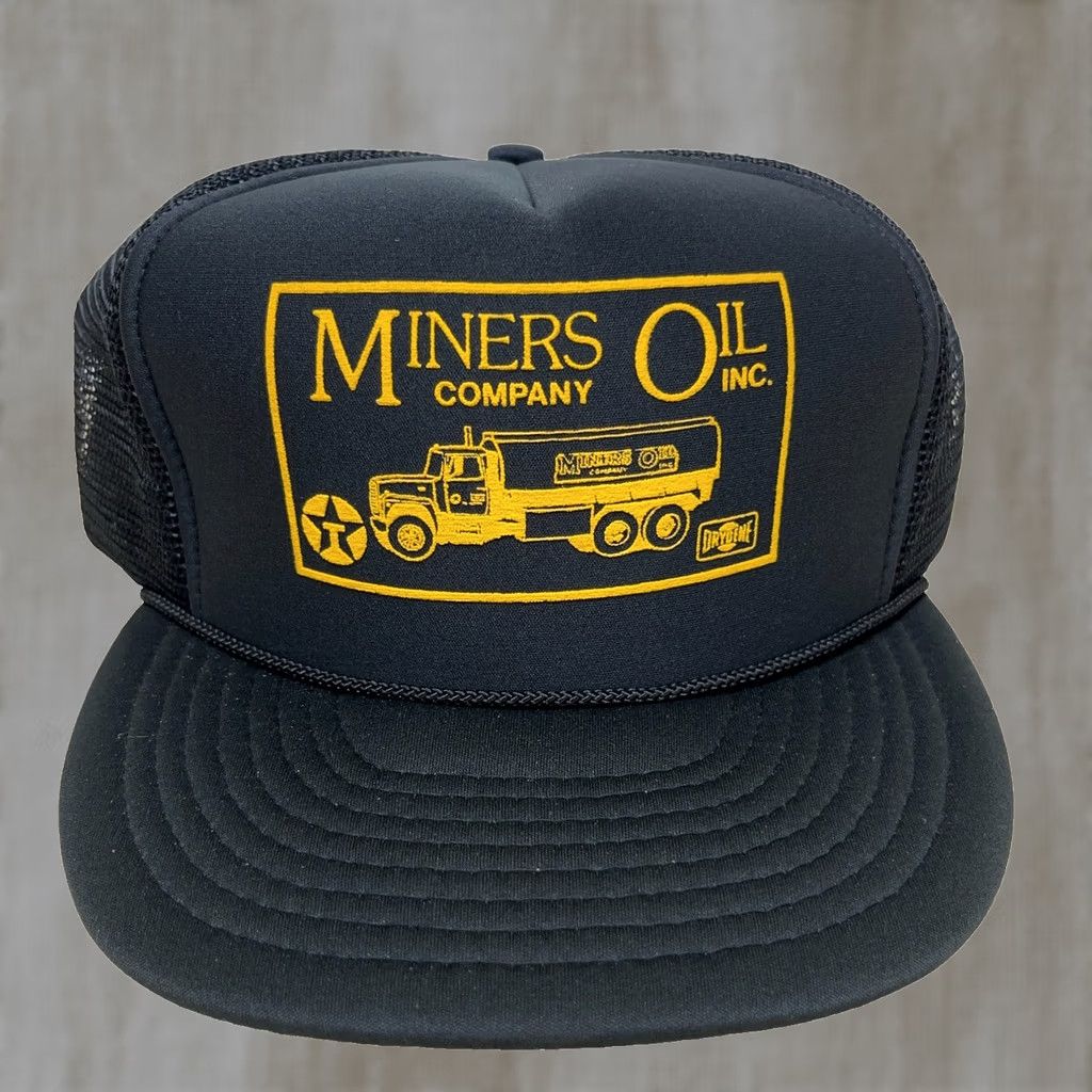 Vintage VINTAGE Miners Oil Trucker Hat Cap Snapback Black Yellow Tanker Trucking 90s Mens Adjustable Hat Size ONE SIZE - 1 Thumbnail