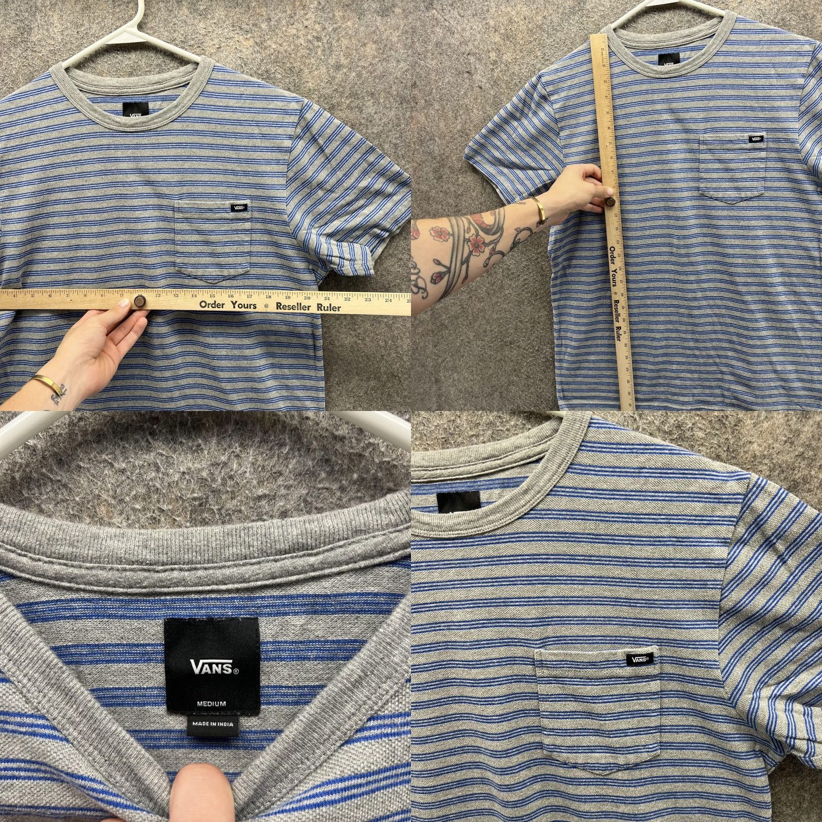Vans VANS Shirt Mens Medium Gray Blue Stripe Pocket T-Shirt Casual Skate VN0A5EA4 Size US M / EU 48-50 / 2 - 8 Thumbnail