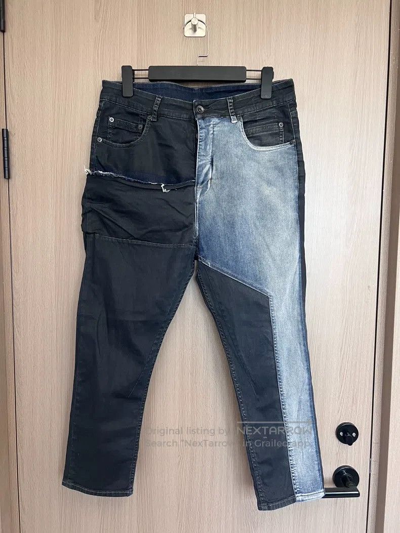 Rick Owens Wax-coated patchwork denim nine-tenths trousers