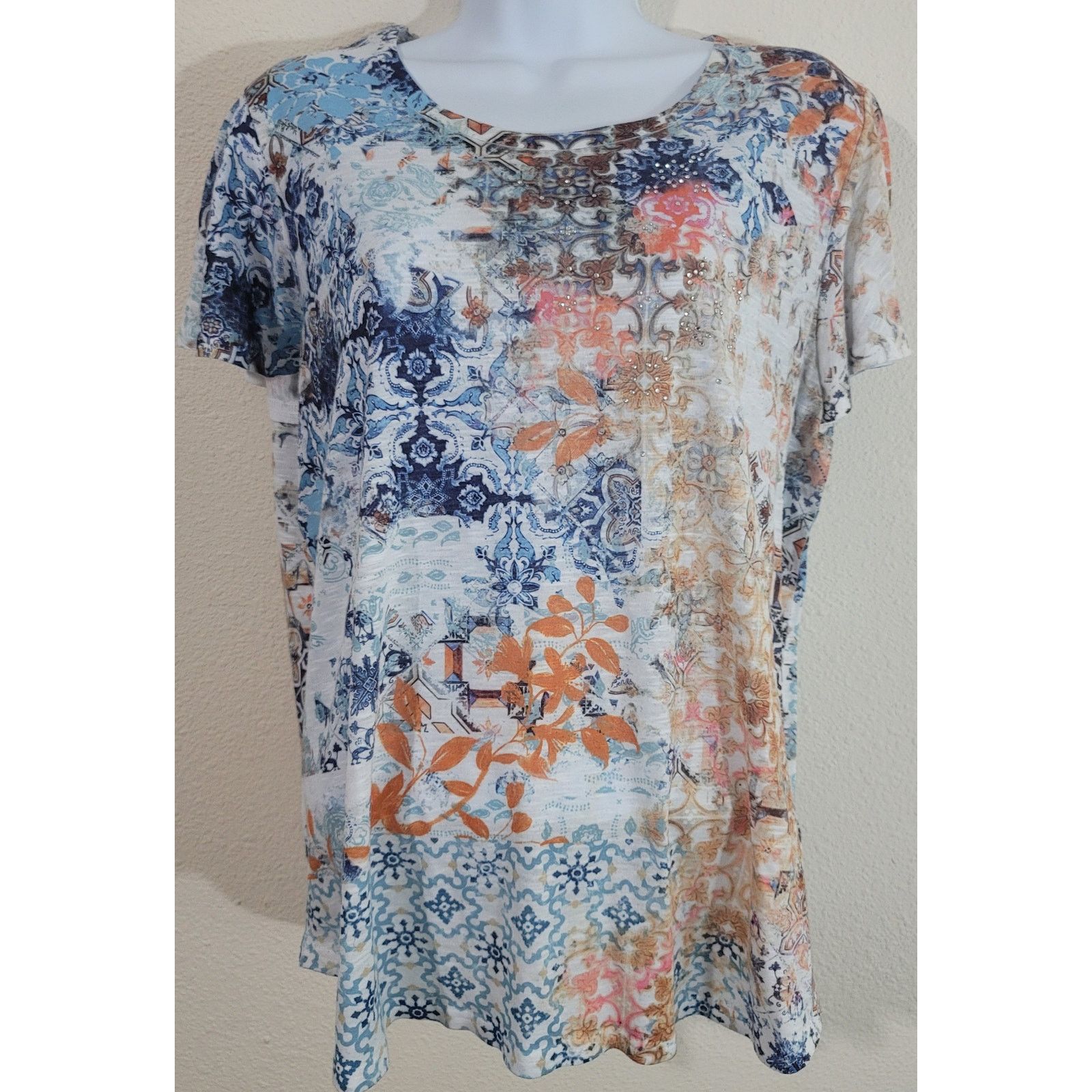 Other Blue Orange Floral Slub Knit Top L Short Sleeves Round Neck Size L / US 10 / IT 46 - 1 Thumbnail