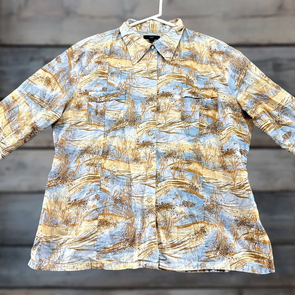 Gap VINTAGE Gap Shirt Womens XL Beige Blue Denim Button Up Long Sleeve Hawaiian Camp Size XL / US 12-14 / IT 48-50 - 1 Thumbnail