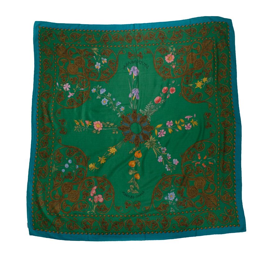 Hermes Arabesques cashmere scarf in green and blue