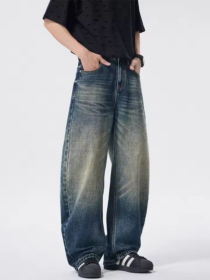 Jean Blue Washed Baggy Denim Jeans, Loose Wide Leg Jeans Size US 33 - 2 Thumbnail