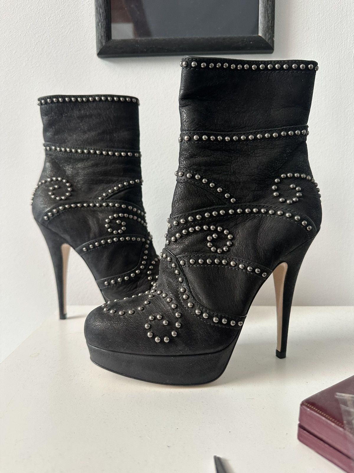 Designer × Miu Miu Miu Miu black studded leather boots platform Y2K vero cuoio Size US 5 / IT 35 - 1 Thumbnail