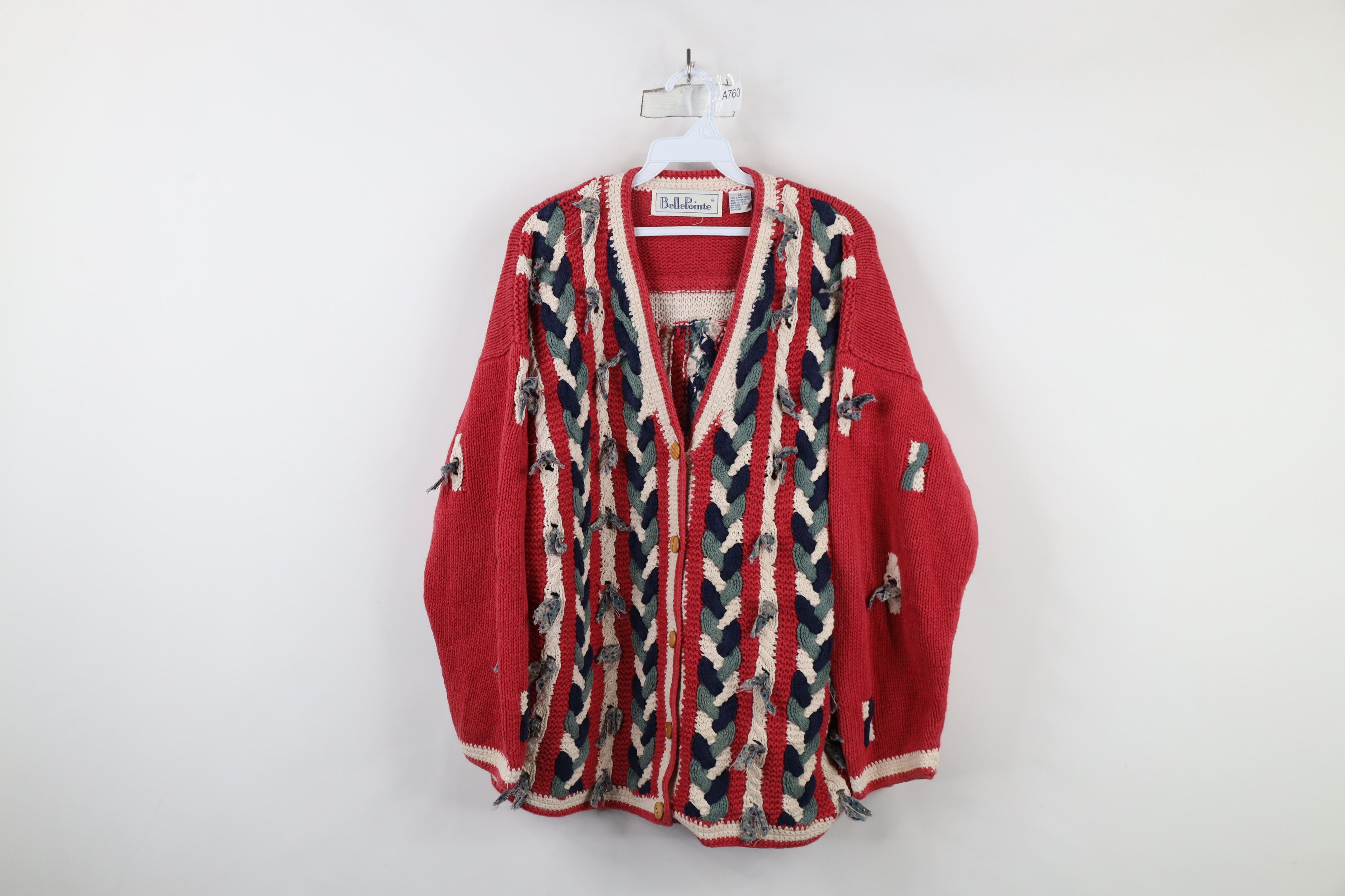 Vintage Vintage 90s Quilt Strip Fringed Chunky Knit Cardigan Sweater Size XL / US 12-14 / IT 48-50 - 1 Thumbnail