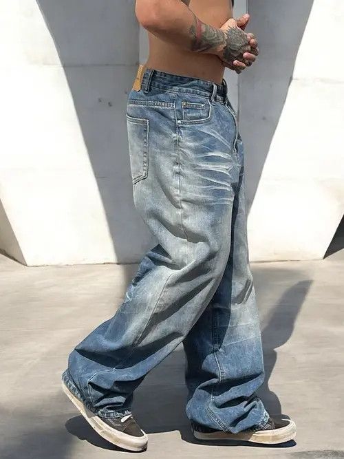Jean Blue Washed Wide Leg Denim Jeans, Oversized Jeans Size US 32 / EU 48 - 6 Thumbnail