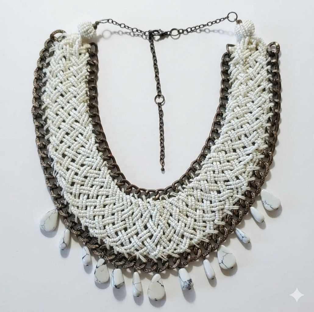 Handmade Necklace 18-24" Collar Woven Beaded Hand Crafted White Size ONE SIZE - 9 Thumbnail