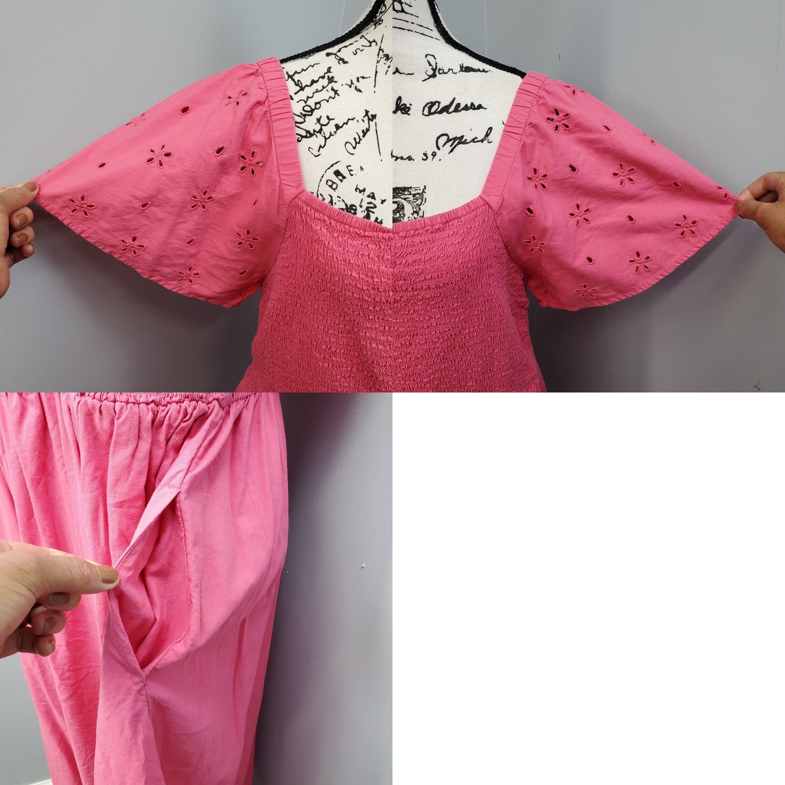 Vintage Beach Lunch Lounge Womens XL Pink Eyelet Smocked Bodice Square Neck Dress Shirt Maxi Casual Size XL / US 12-14 / IT 48-50 - 8 Thumbnail