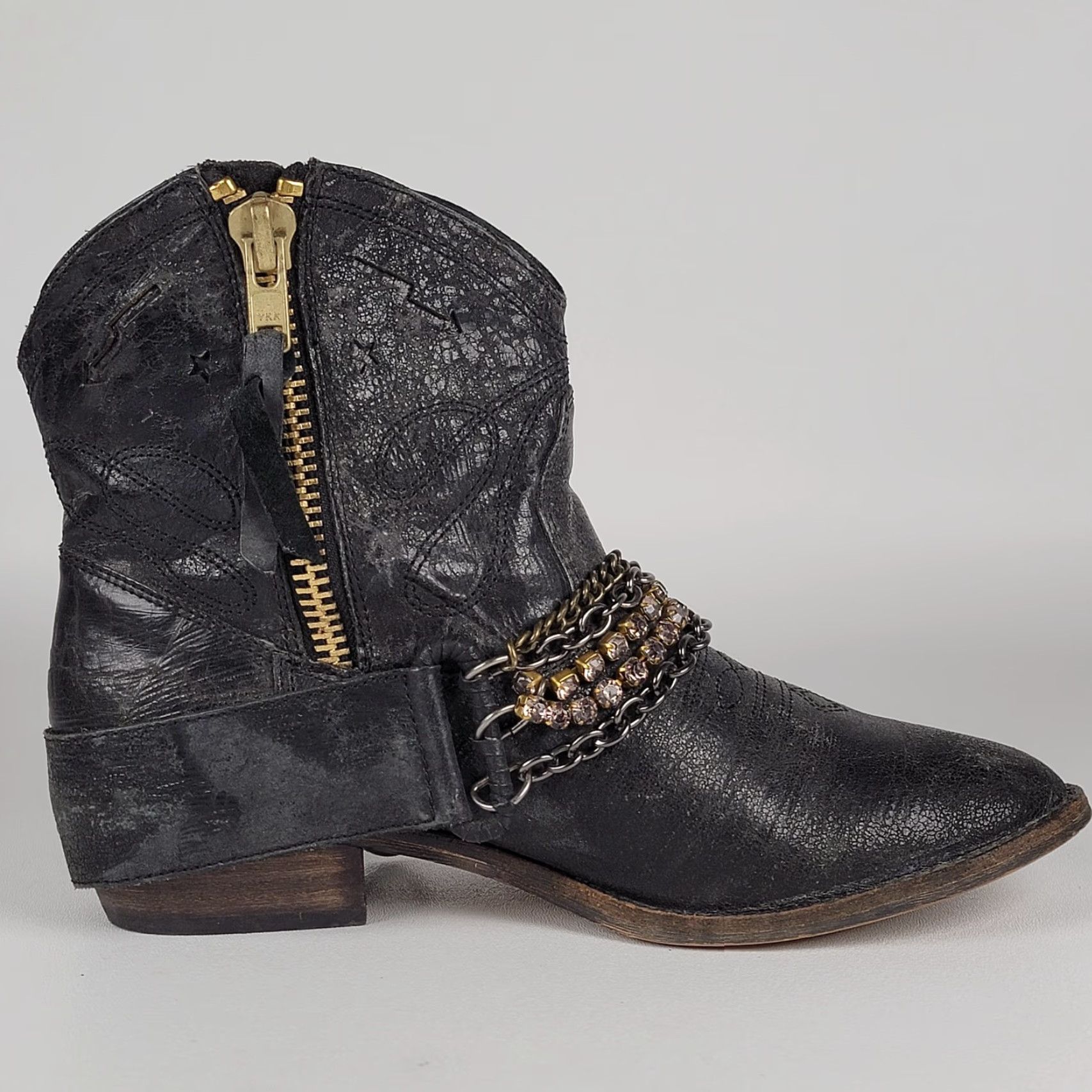 Steve Madden Steve Madden Brasko Women Cowboy Bootie Leather Chains Rhinestones Festival 8.5 Black Leather Bootie Cowboy Womens 8.5 Size ONE SIZE - 5 Thumbnail