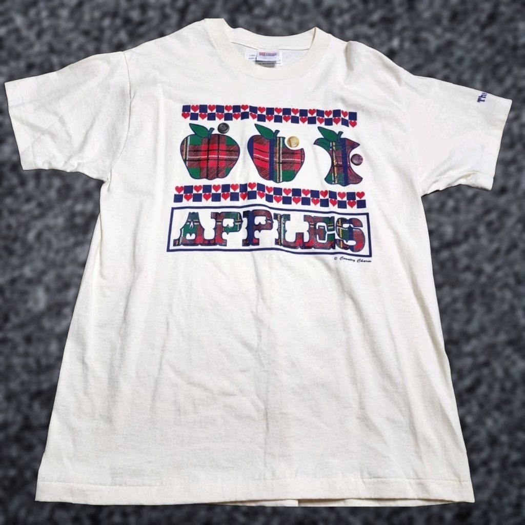 Hanes VINTAGE Hanes Men's Large Ivory Apple Plaid T-Shirt 80s 90s Country Charm Embroidered Size US L / EU 52-54 / 3 - 1 Thumbnail