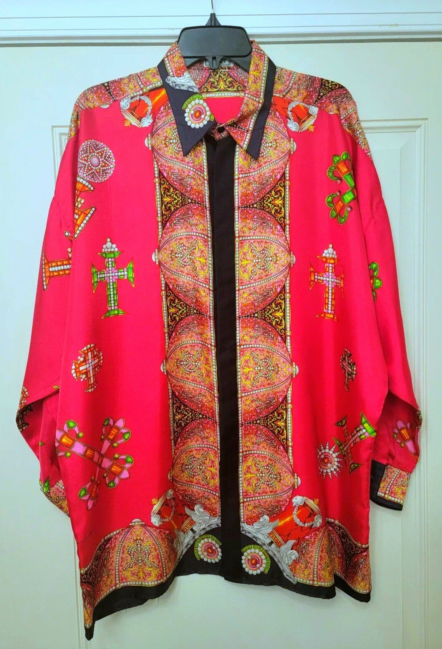 image of Gianni Versace Silk Shirt 1992 Baroque Crosses Byzantine in Red, Men's (Size XL)