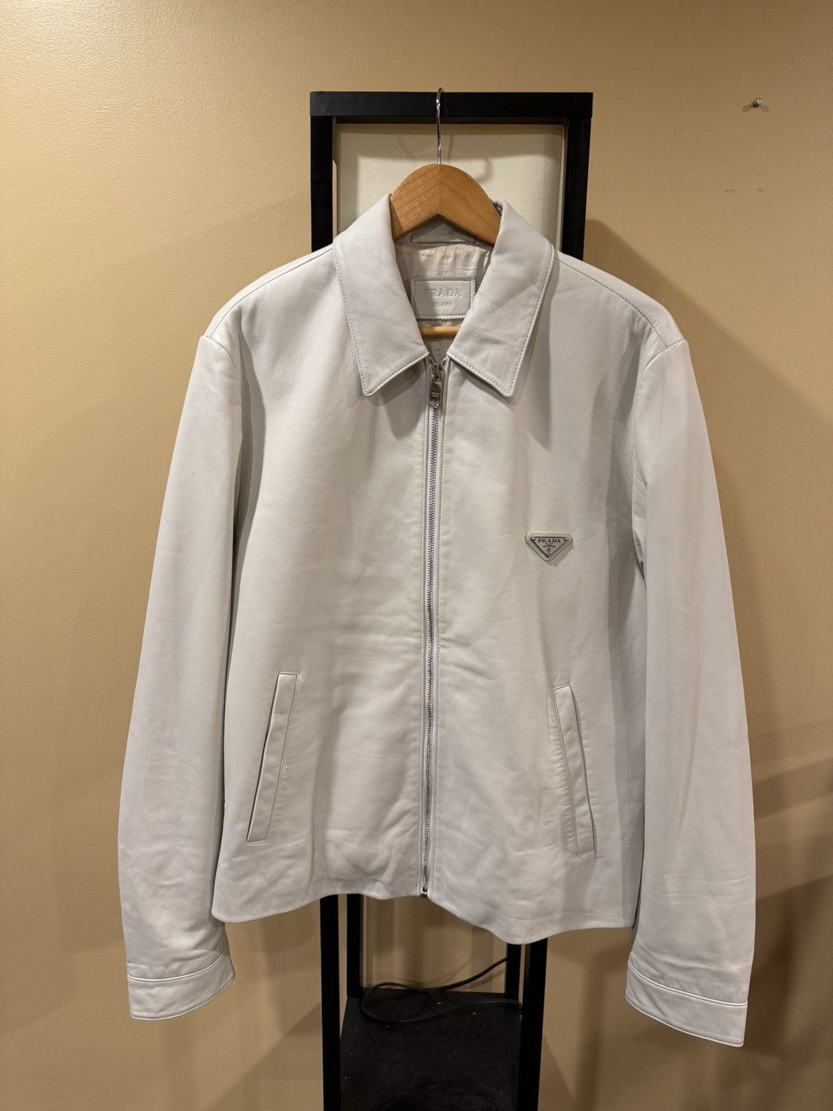 Prada Prada Nappa White / Light Grey Leather Zip Up Blouson Jacket Size US L / EU 52-54 / 3 - 1 Thumbnail