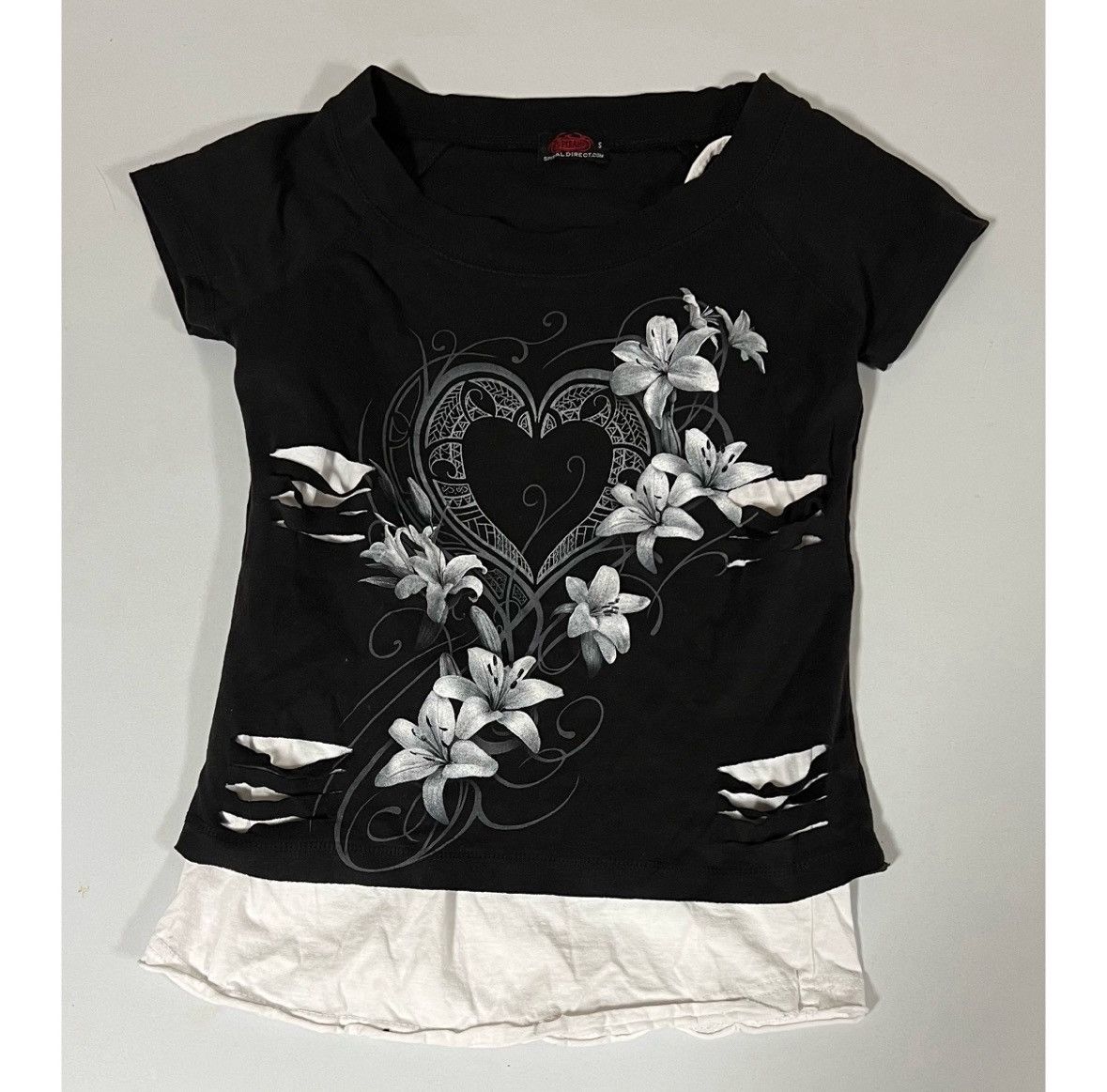 Vintage Spiral Hibiscus Floral Y2K Layered Shirt Top Tee Size S 🤍🖤 Size S / US 4 / IT 40 - 2 Thumbnail