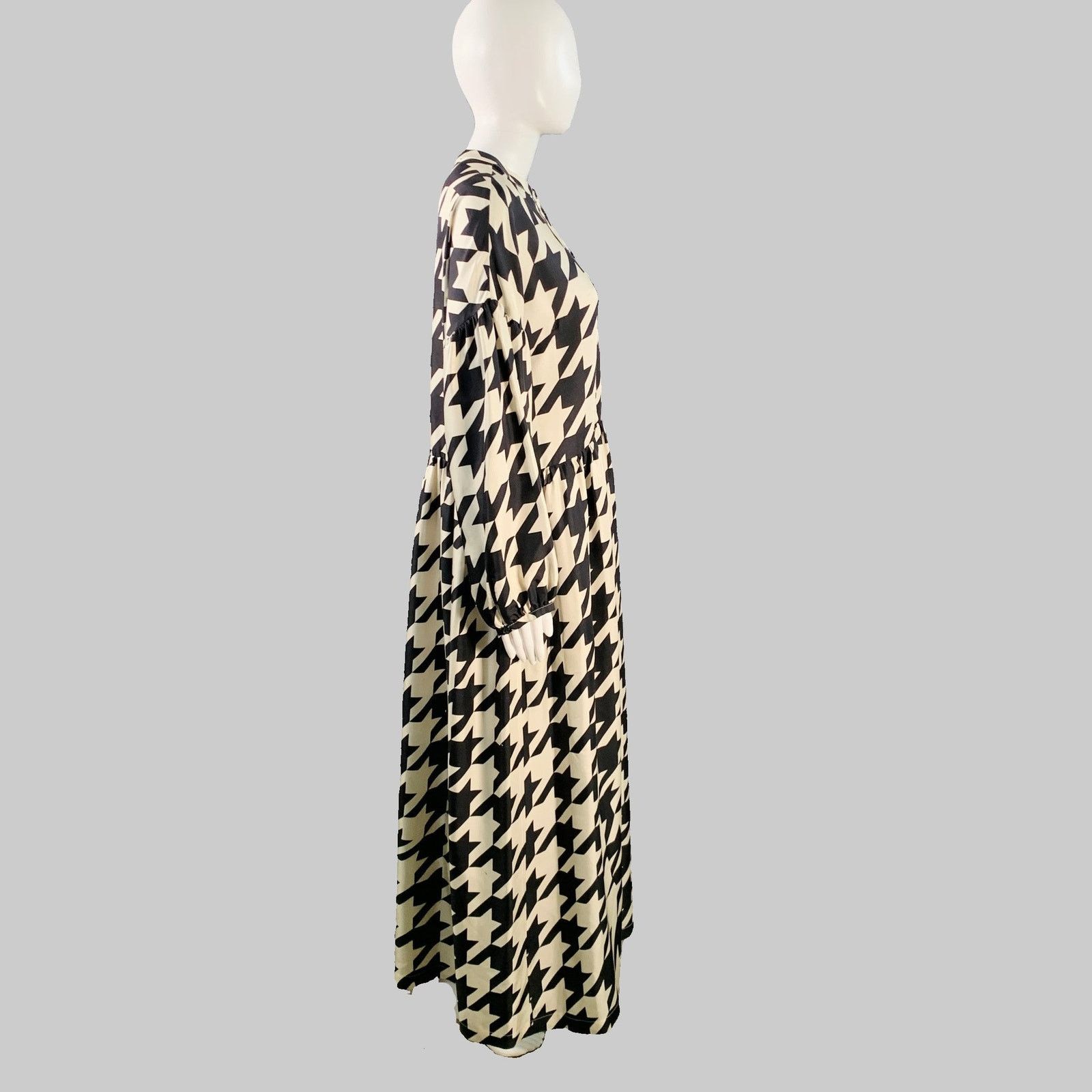Creatures of Comfort Size 4 Beige Silk Twill Houndstooth Collarless A-Line Dress Size S / US 4 / IT 40 - 3 Thumbnail