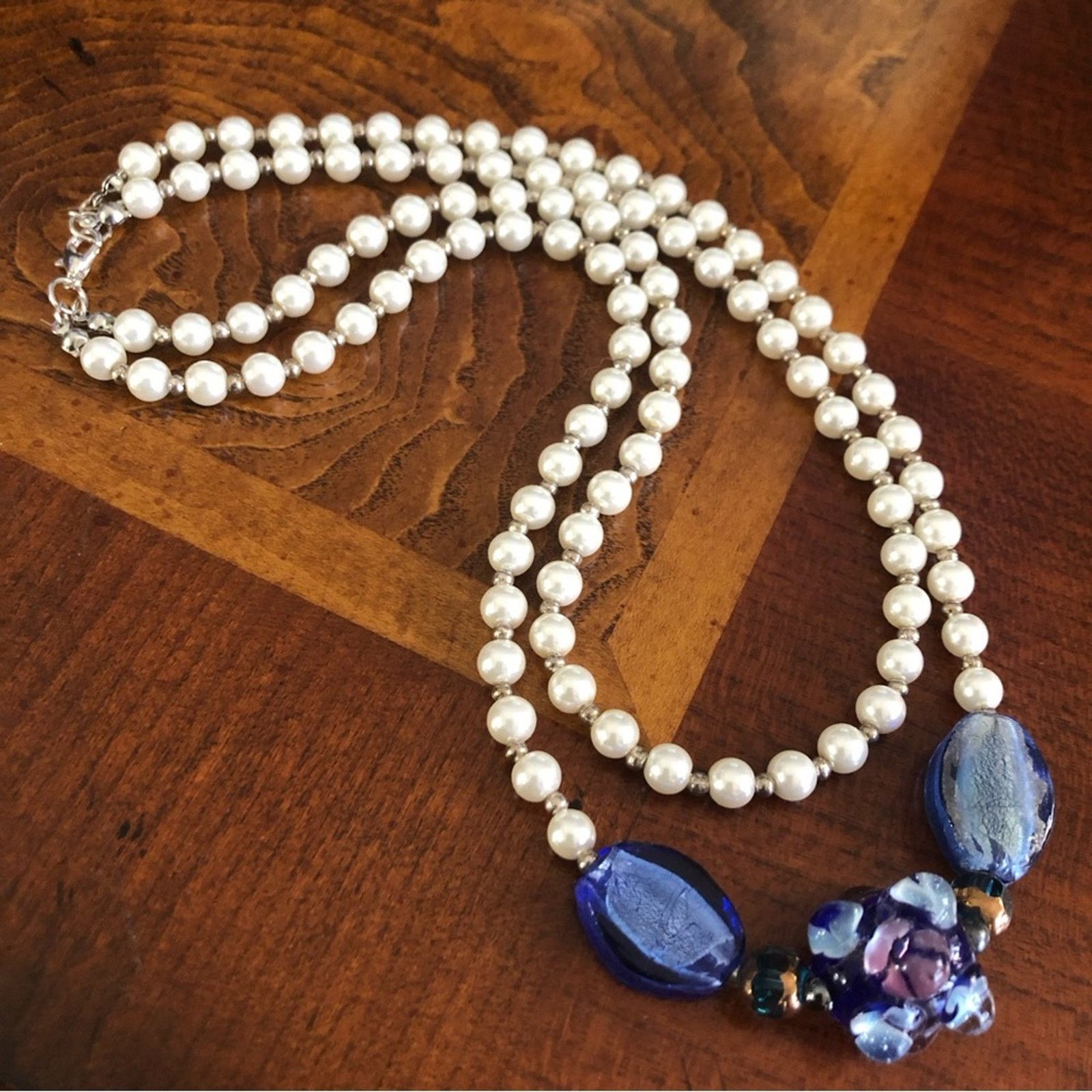 Handmade Handcrafted double strand white Czech Pearl necklace Size ONE SIZE - 7 Thumbnail