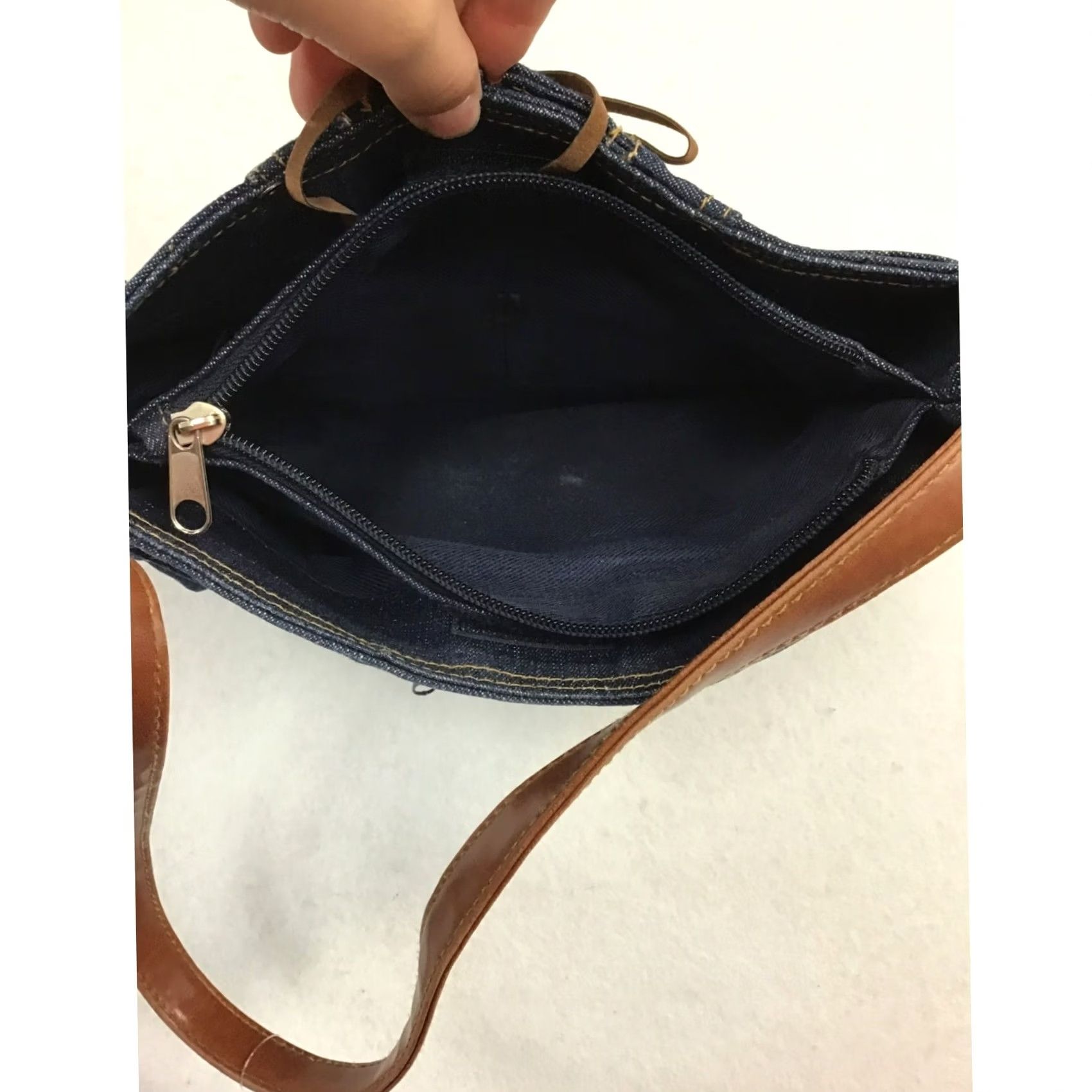 Denime VINTAGE Denim Shoulder Purse Shoulder Bag Womens Small Blue 1948 Tan Ties on the Front Size ONE SIZE - 3 Thumbnail