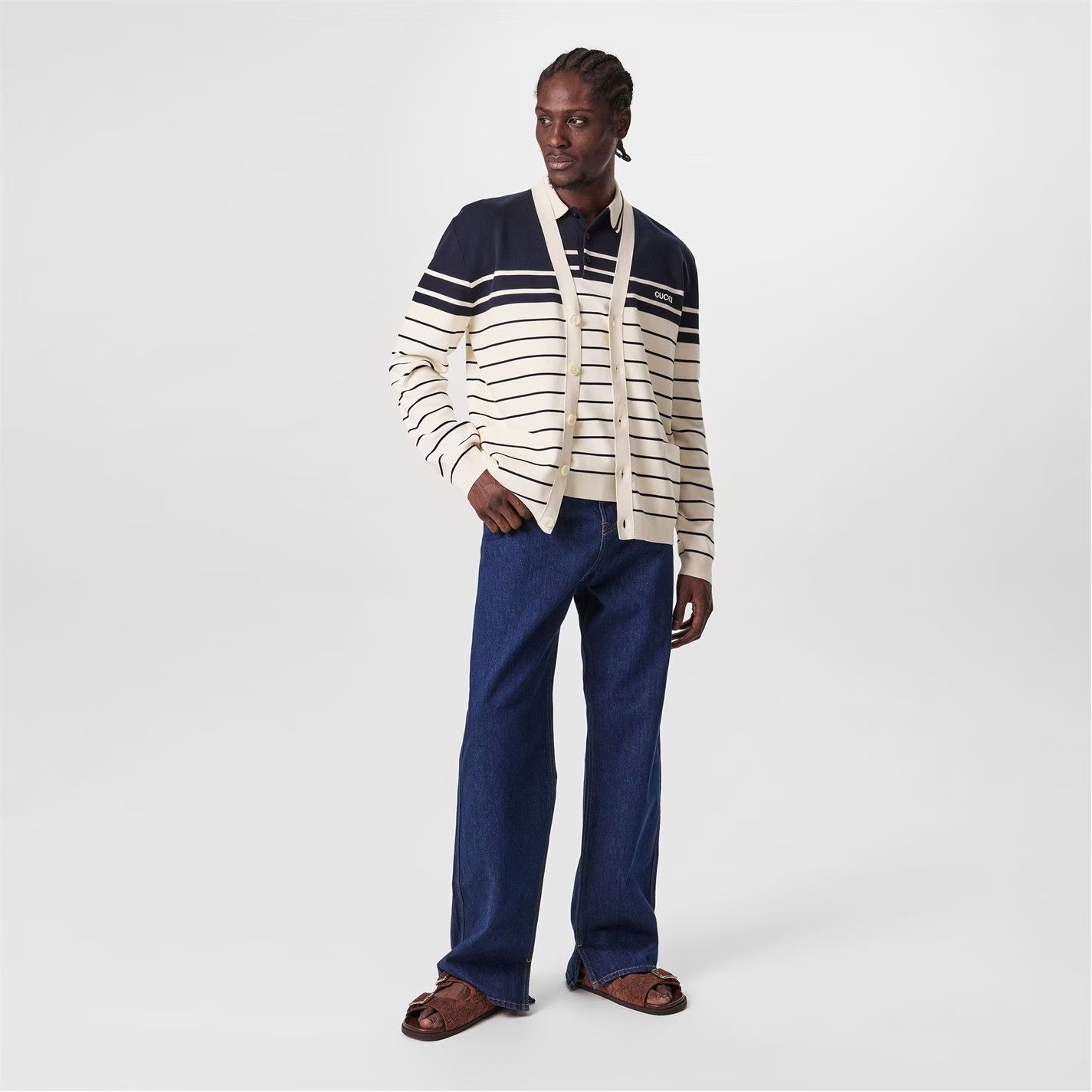 Gucci o1g2r1mq0426 Striped Knit Cotton Cardigan in White/Navy Size US L / EU 52-54 / 3 - 6 Thumbnail