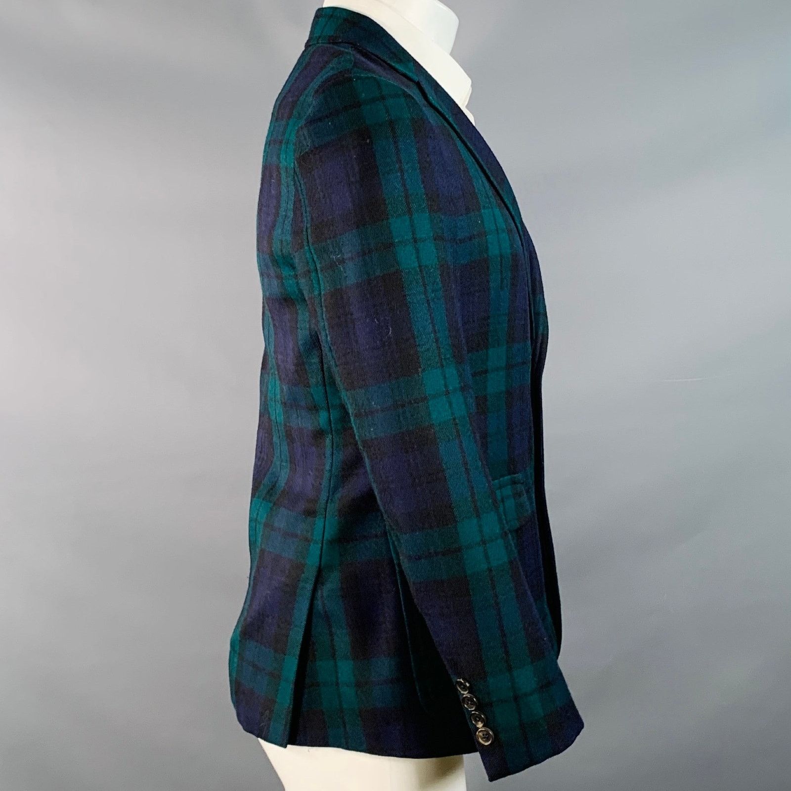 Band Of Outsiders BAND OF OUTSIDERS Green Blue Plaid Wool Twill Lapel Coat Size 40R - 3 Thumbnail