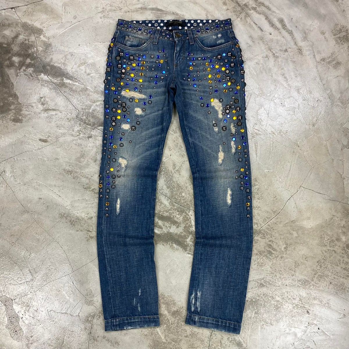 ‘Denim’ Collection Crystal Embellished Distressed Jeans