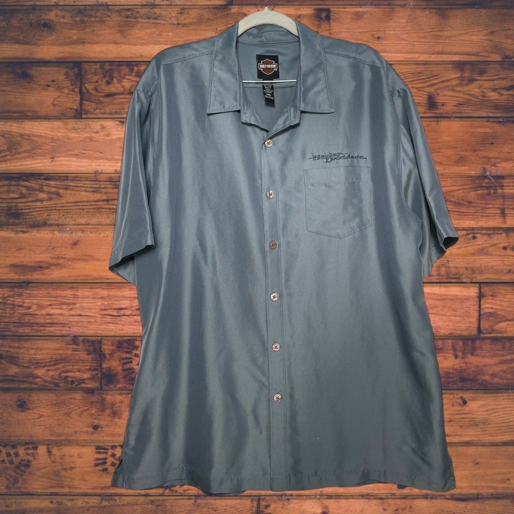 Harley Davidson Harley Davidson Satin Button Front Blue Short Sleeve Shirt 2 Size XXL / US 16-18 / IT 52-54 - 1 Thumbnail