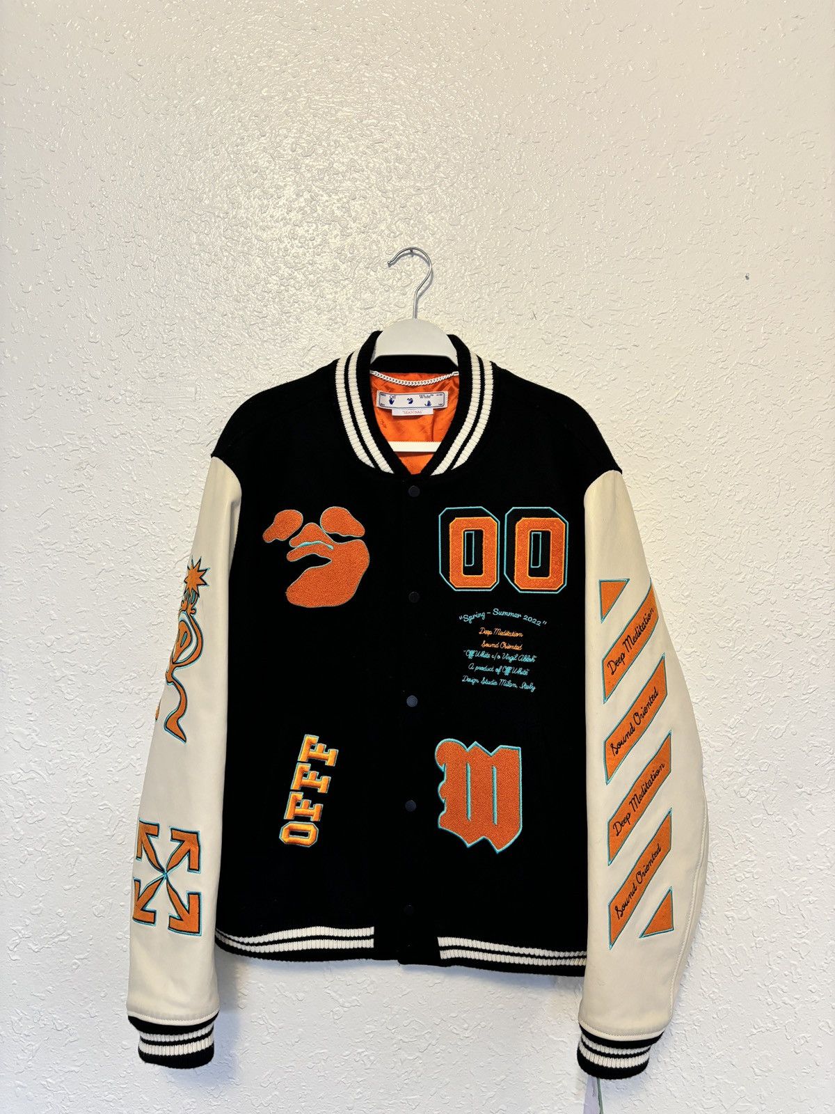 image of Off White Off-White Graphics Leather Varsity Jacket in Black, Men's (Size Large)