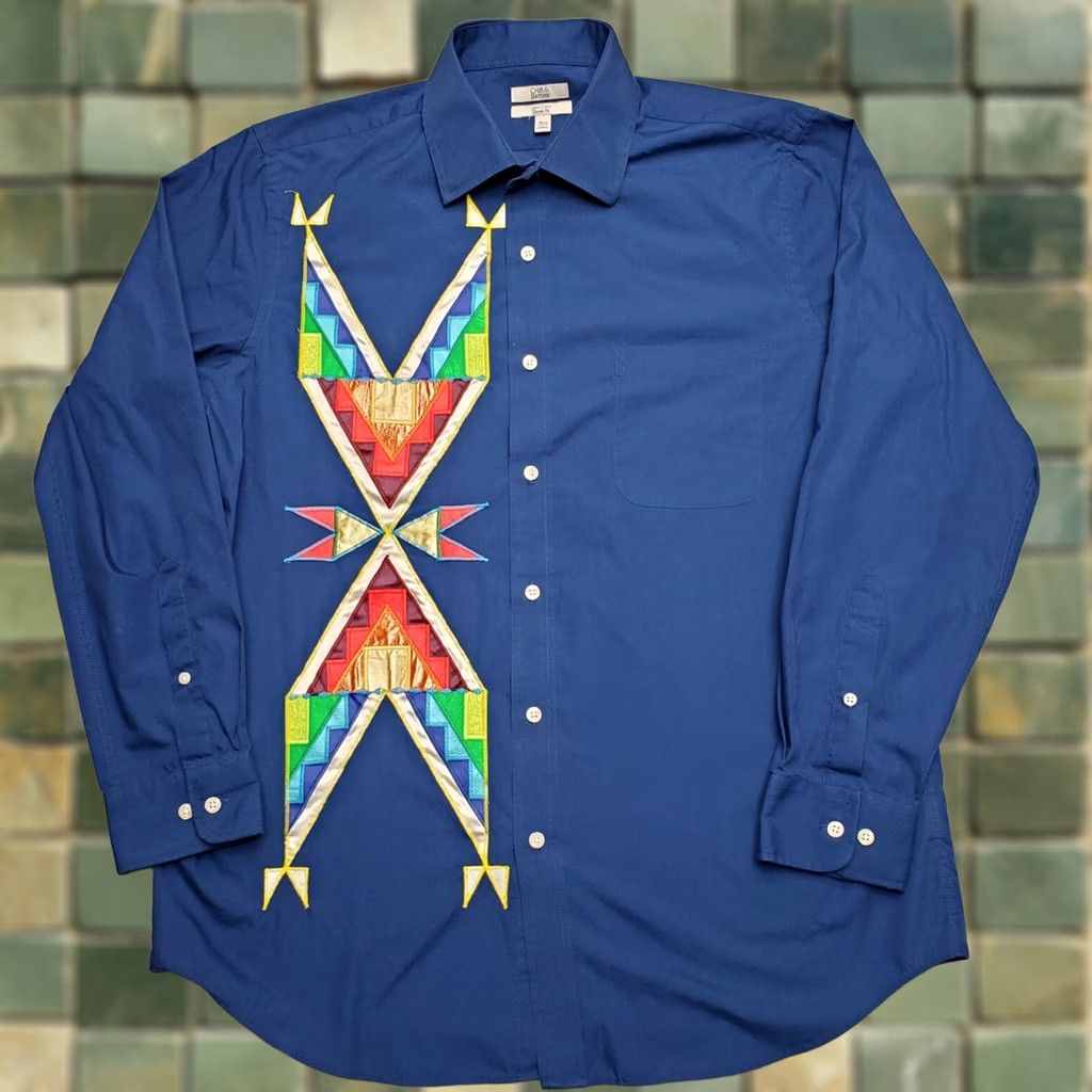 Croft & Barrow Croft Barrow Shirt Men 16.5 Blue Aztec Southwestern Geometric Embroidered Casual Button-Up Long Sleeve Cotton Blend Size US XL / EU 56 / 4 - 1 Thumbnail