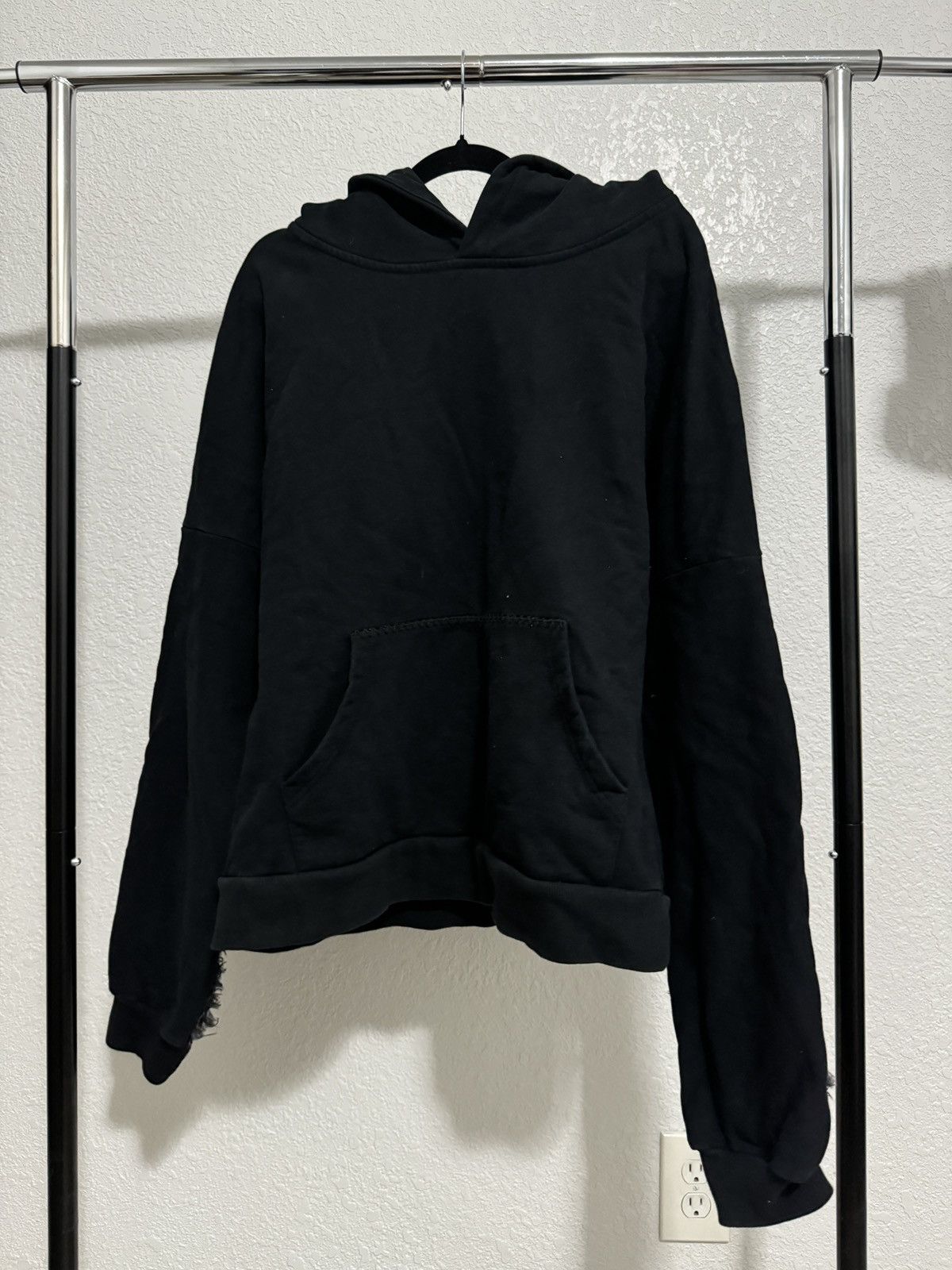 image of Archival Clothing 88Blade Distressed Cross Denim Hoodie in Black, Men's (Size Small)