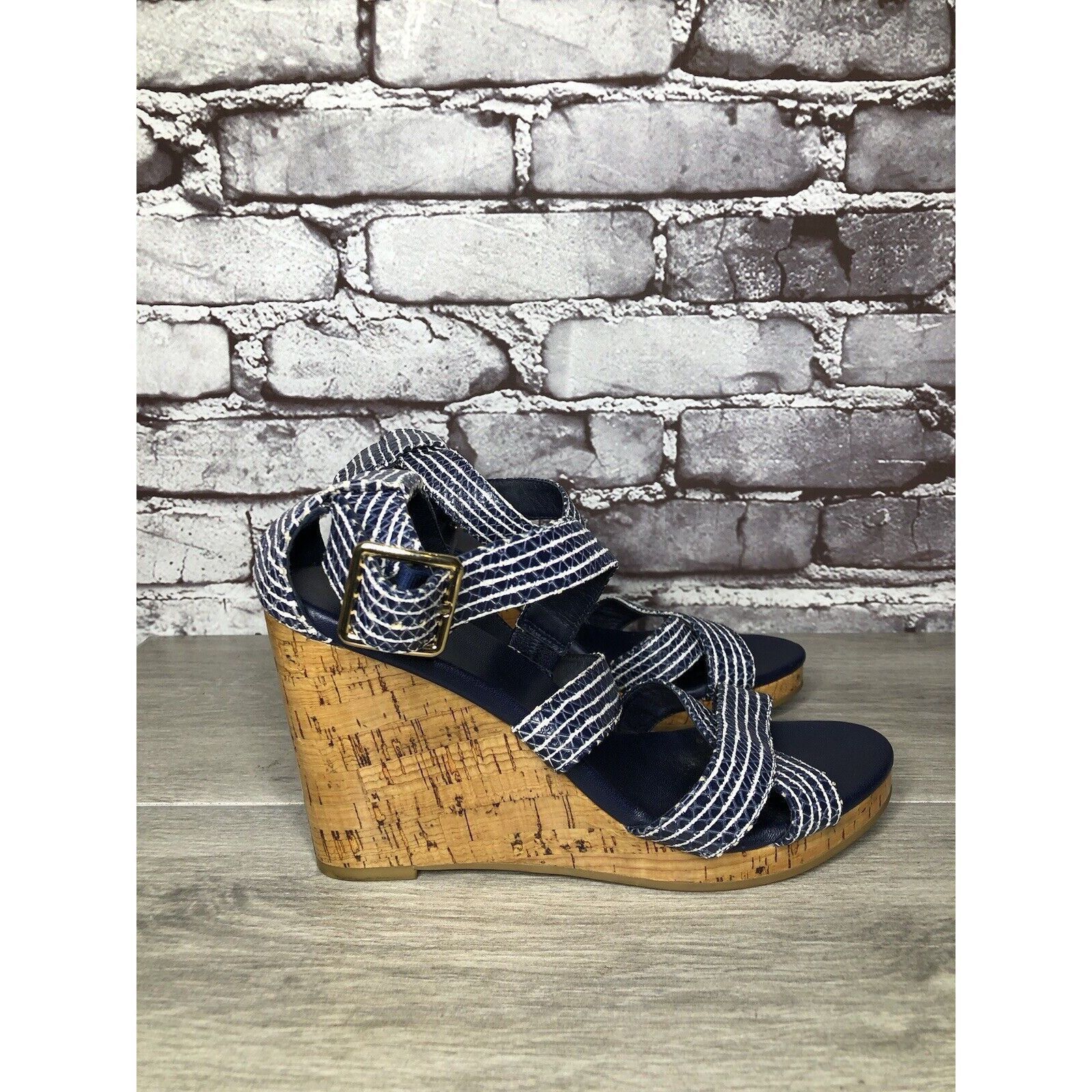 Cole Haan Cole Haan Grand OS Blue White Stripe Leather Cork Wedge Sand Size US 7.5 / IT 37.5 - 1 Thumbnail
