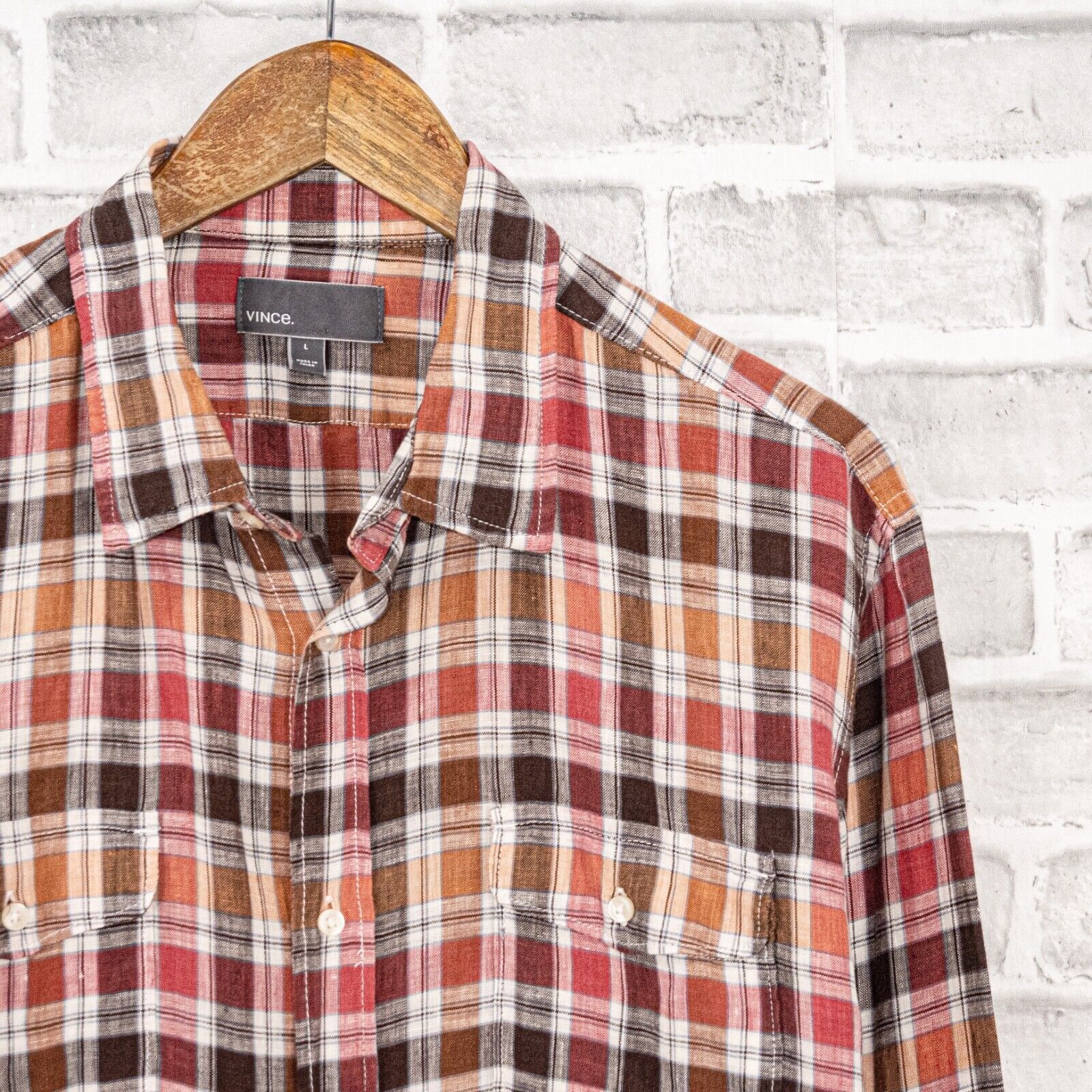 Vince VINCE 100% Linen Button Down Shirt in Multi color Plaid Size US L / EU 52-54 / 3 - 5 Thumbnail