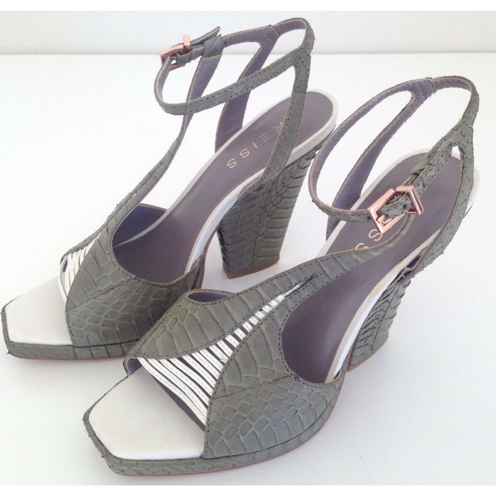 image of Reiss Pumps Wedge Heels Womens Us7 Eu37 Snake Leather Green White Shoe