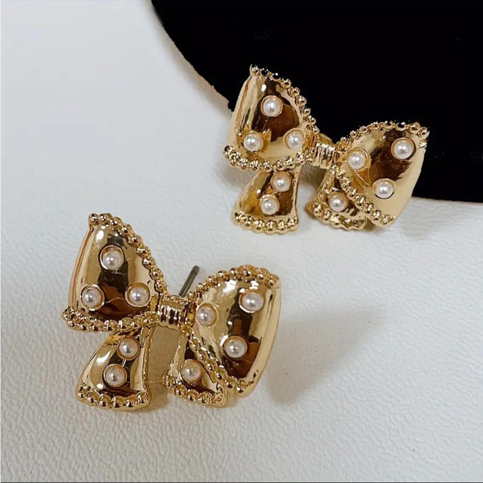 Designer Gold Bow Earrings with Pearls Size ONE SIZE - 1 Thumbnail