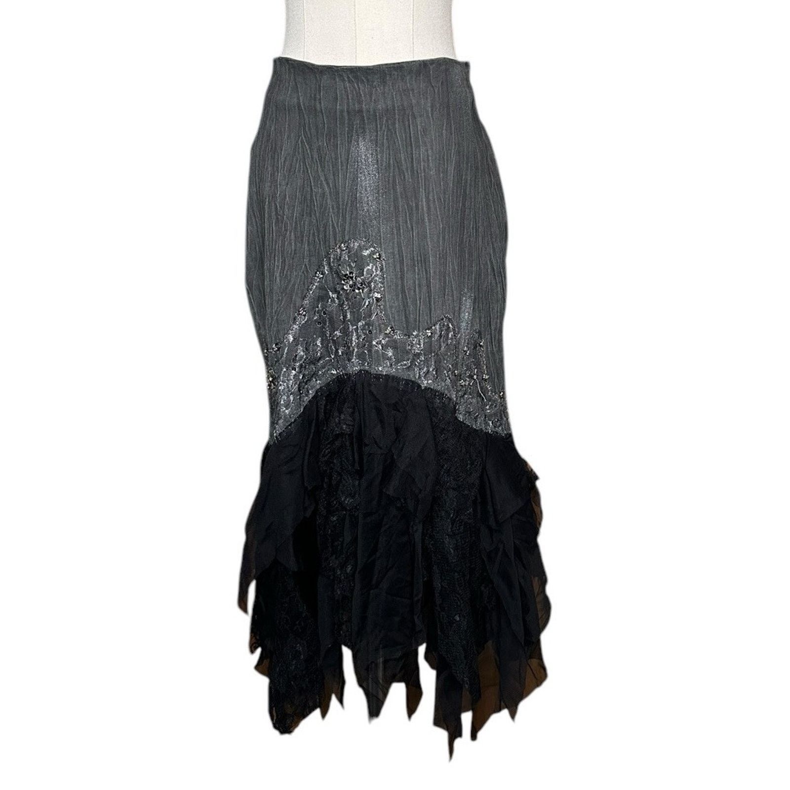 Other Chagall Gray Black Lace Ruffle Bead Sequin Embellished Skirt Size 28" / US 6 / IT 42 - 1 Thumbnail
